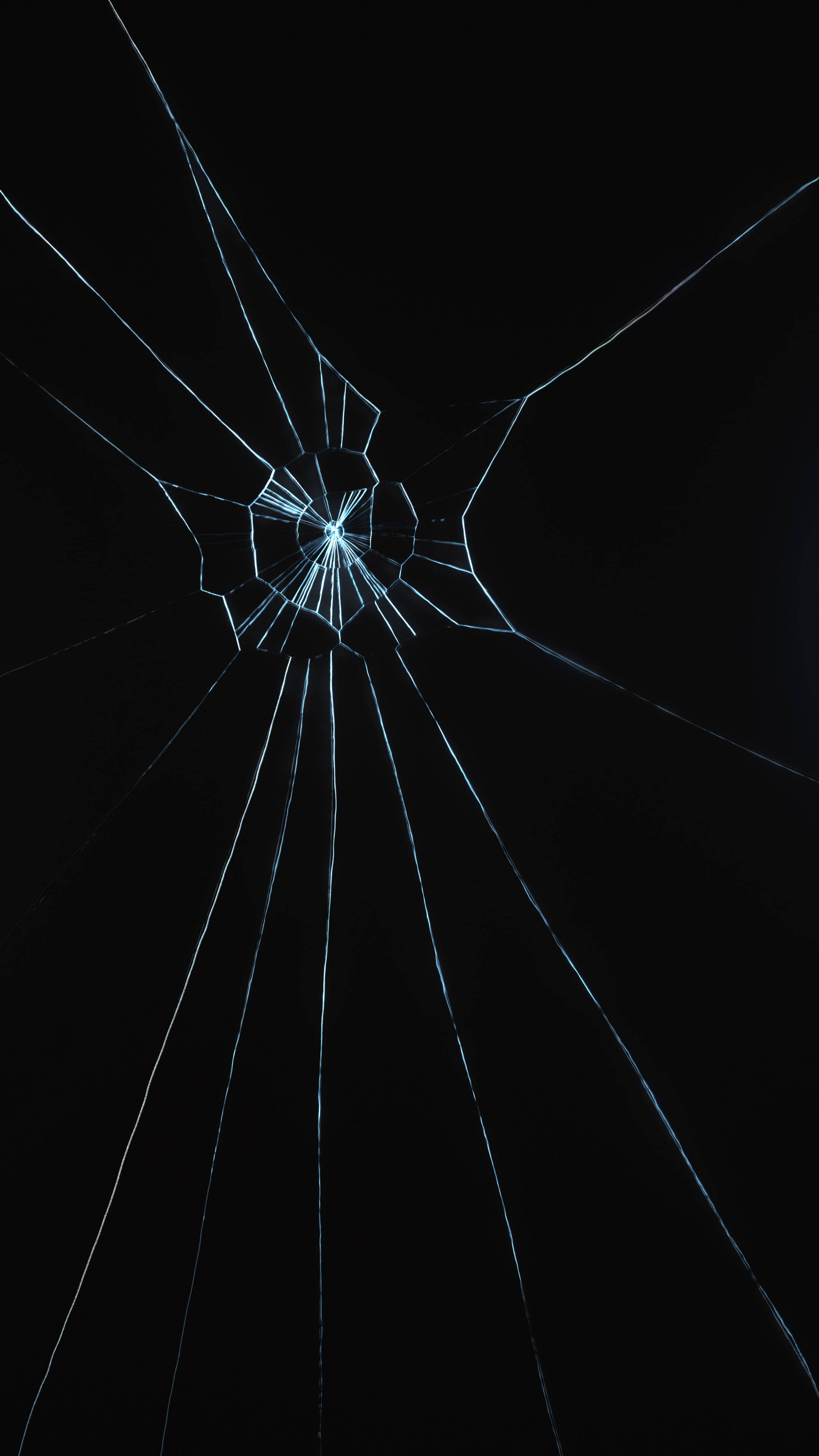 cracked glass surface, glowing blue fractures, central impact point, 4K Phone Wallpaper
