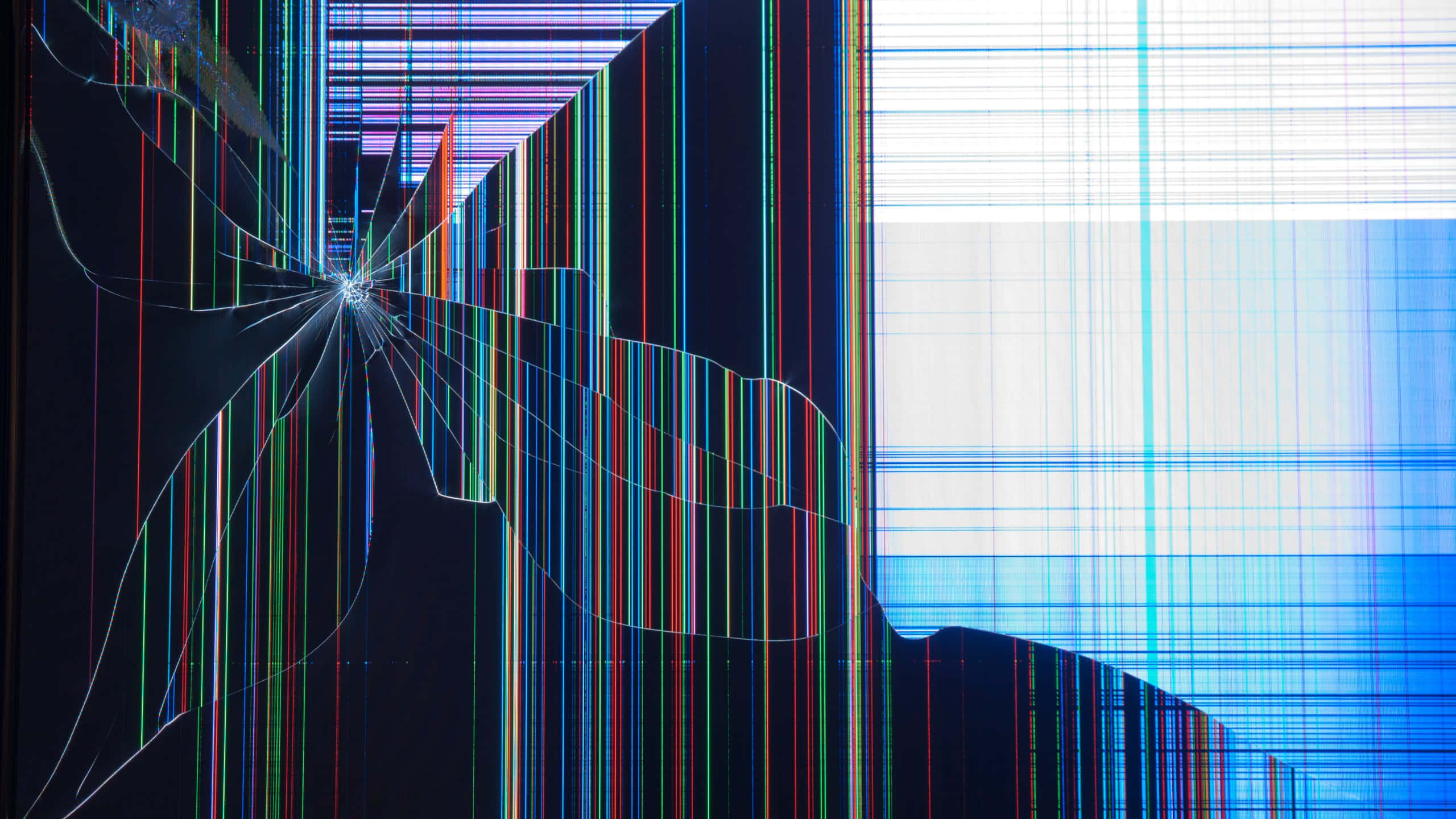 cracked screen, shattered glass surface, vibrant multicolored light, 2K Desktop Wallpaper
