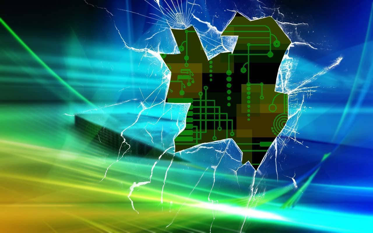 cracked computer screen, glowing green circuit board, vibrant blue and yellow digital background, HD Desktop Wallpaper