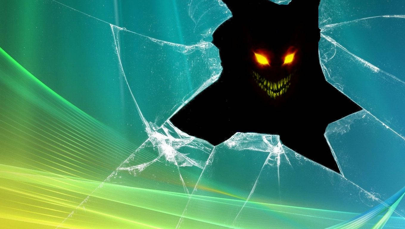 cracked screen, black star, glowing orange eyes, HD Desktop Wallpaper