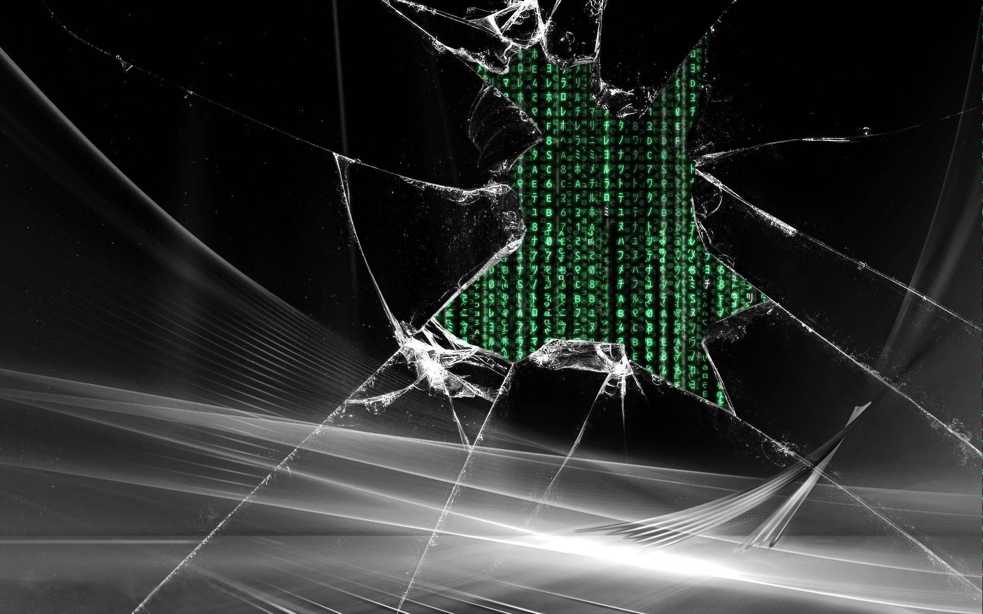green digital rain matrix, shattered glass effect, black background, Full HD Desktop Wallpaper