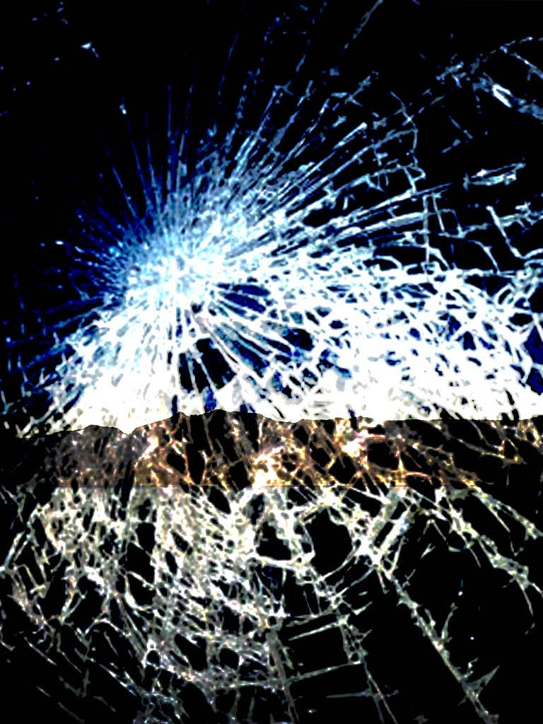cracked screen, black background, bright blue-white explosion, SD Phone Wallpaper