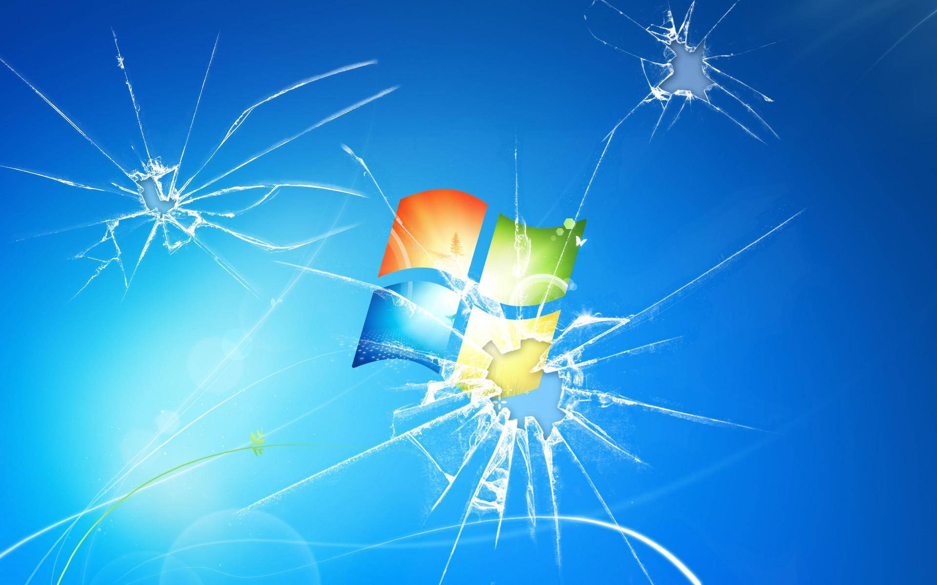 Windows logo, cracked glass, bright blue gradient background, Full HD Desktop Wallpaper