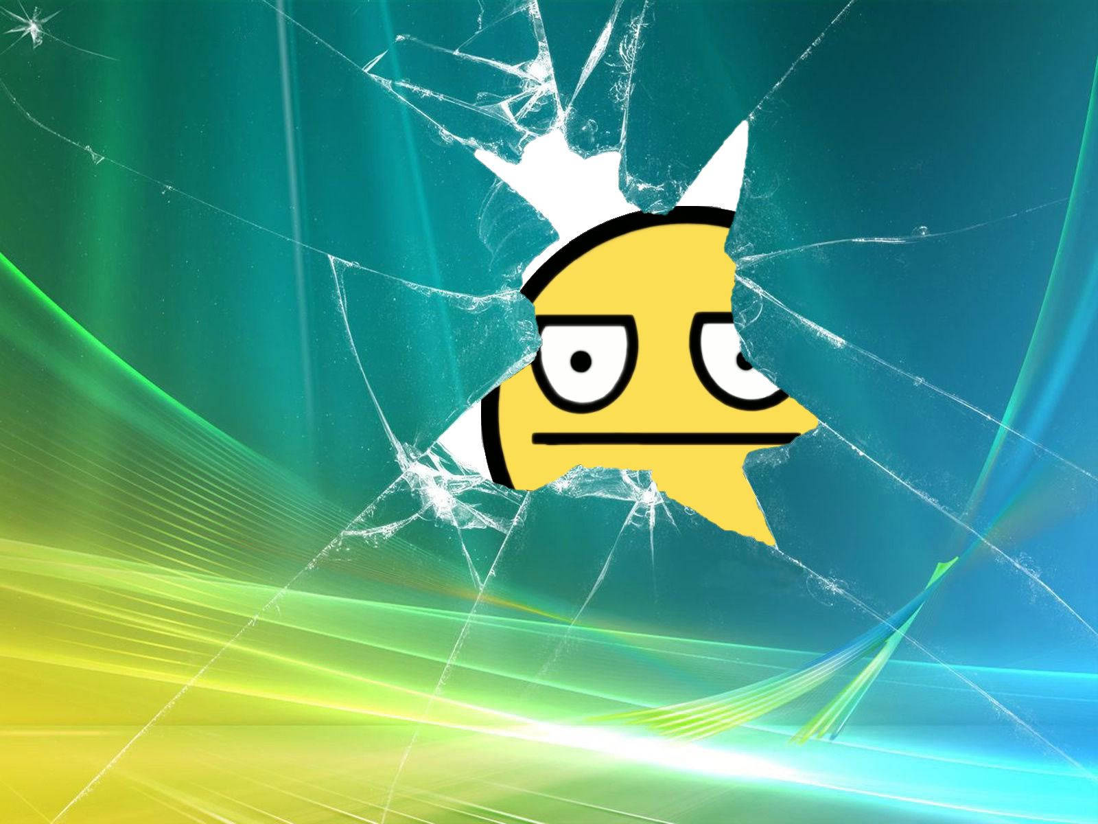 yellow cartoon face, shattered glass effect, vibrant green and blue abstract background, HD Desktop Wallpaper