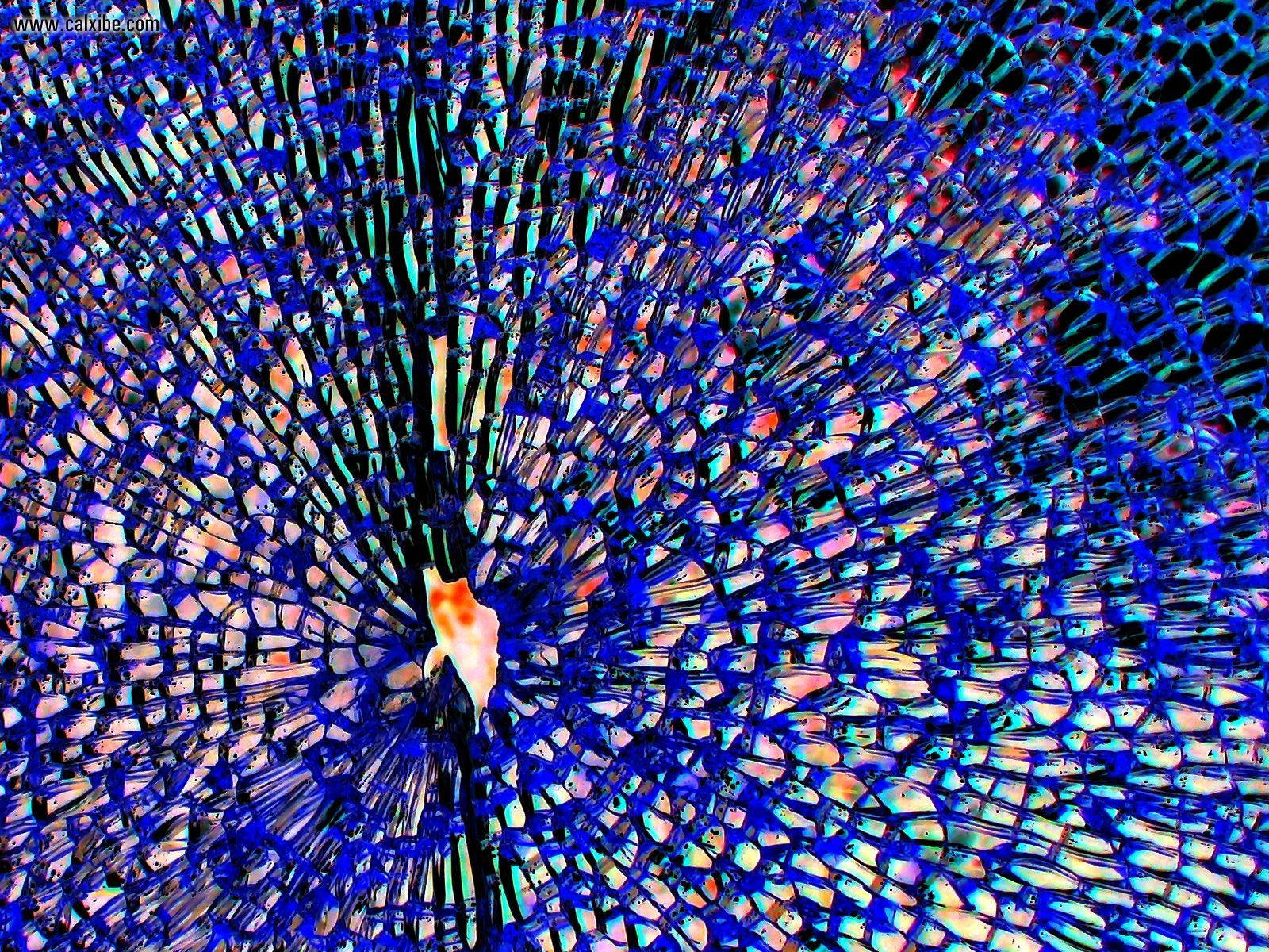 cracked screen, shattered blue glass, central orange core, HD Desktop Wallpaper