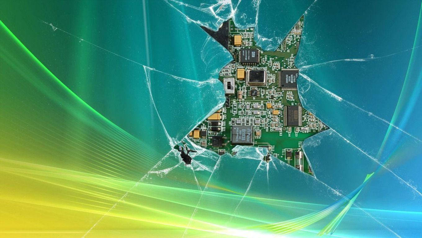 circuit board, cracked screen, teal, HD Desktop Wallpaper