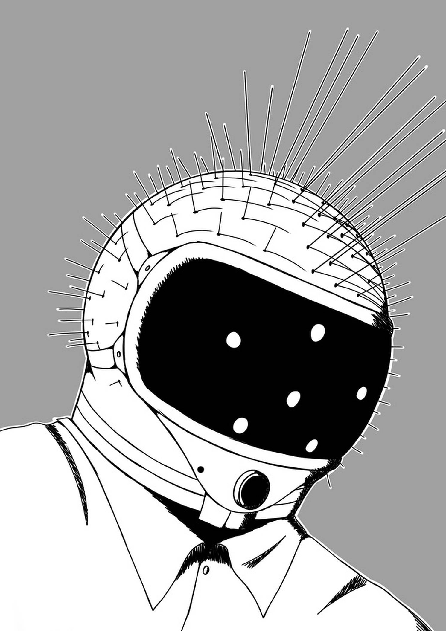 Craig Jones, white spiky helmet, black and white illustration, Full HD Phone Wallpaper