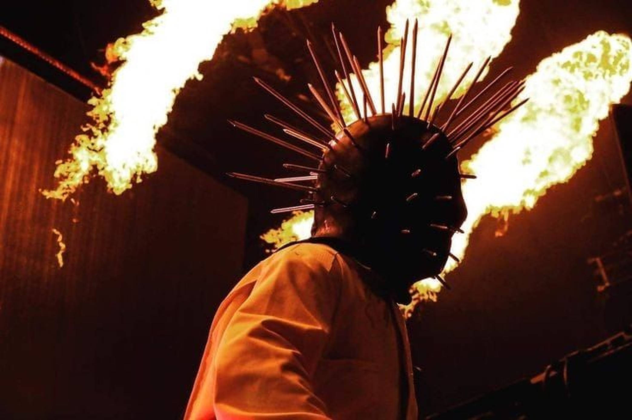 Craig Jones, flaming stage, spiked helmet, Full HD Desktop Wallpaper