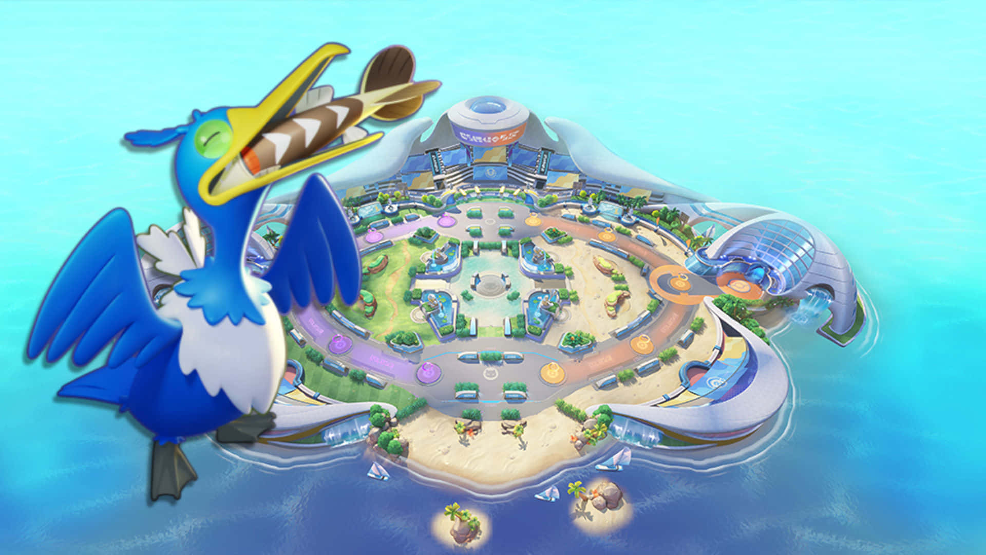 Cramorant, futuristic island resort, winding paths, Full HD Desktop Wallpaper