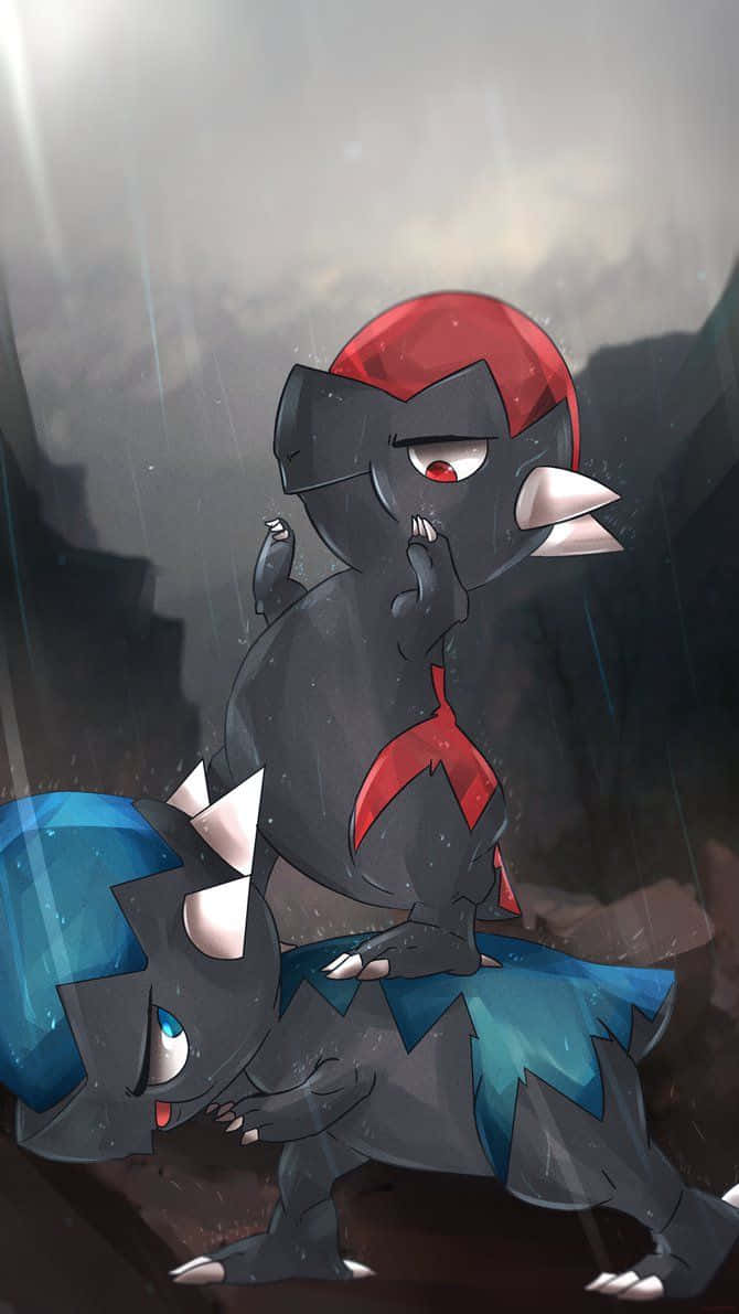 Cranidos, Blue And Red Cranidos, rainy, misty canyon, SD Phone Wallpaper