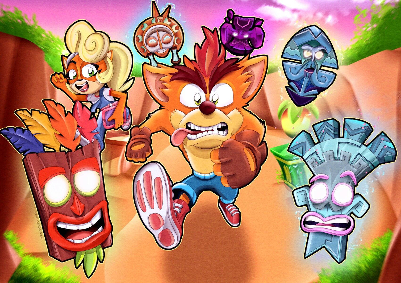 Crash Bandicoot, jungle canyon, glowing masks, HD Desktop Wallpaper
