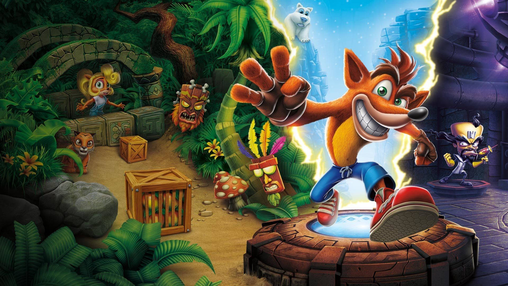 Crash Bandicoot, jungle temple, lightning effects, Full HD Desktop Wallpaper