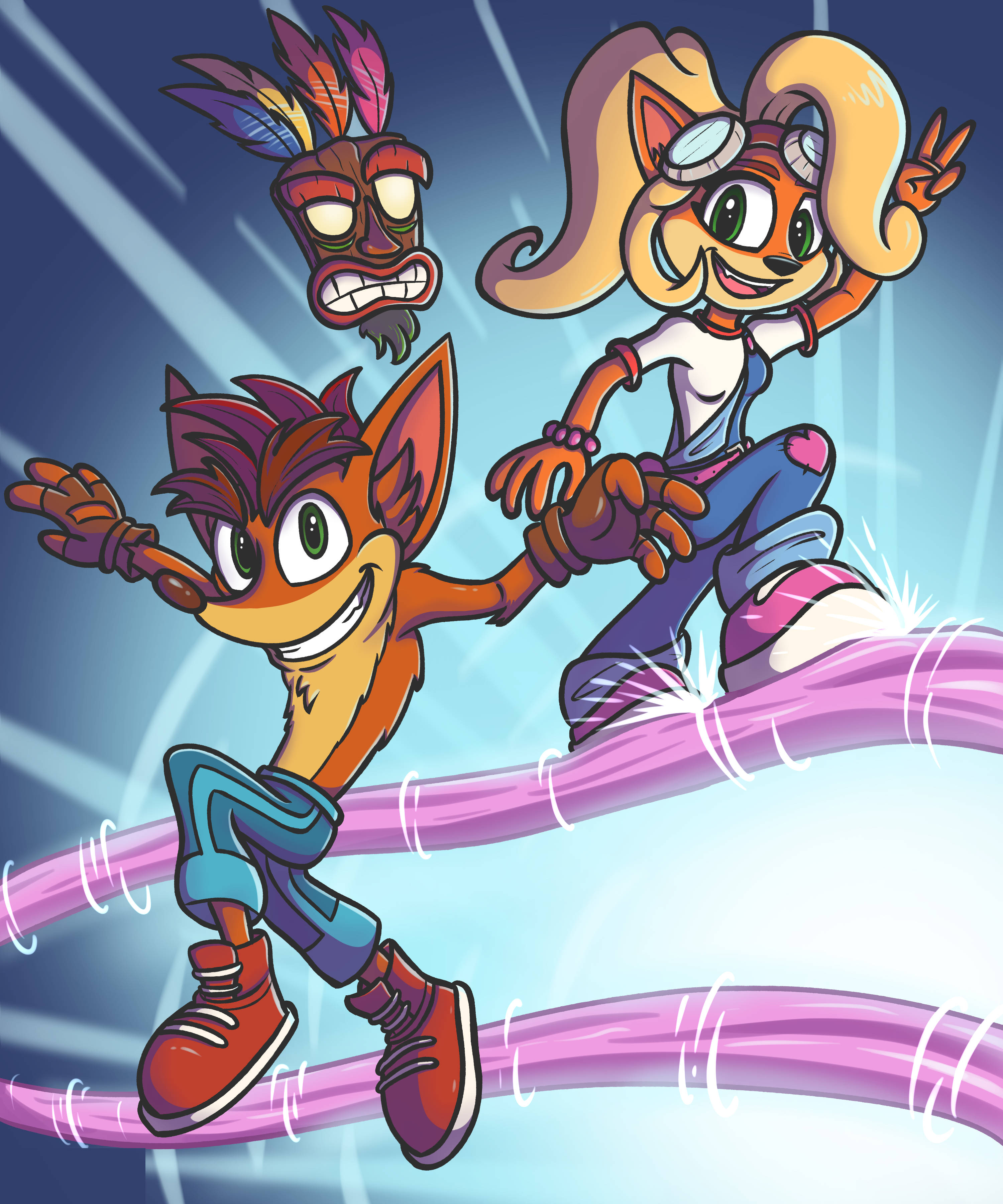 Crash Bandicoot 4, glowing pink pipe, dynamic blue tunnel, 2K Phone Wallpaper