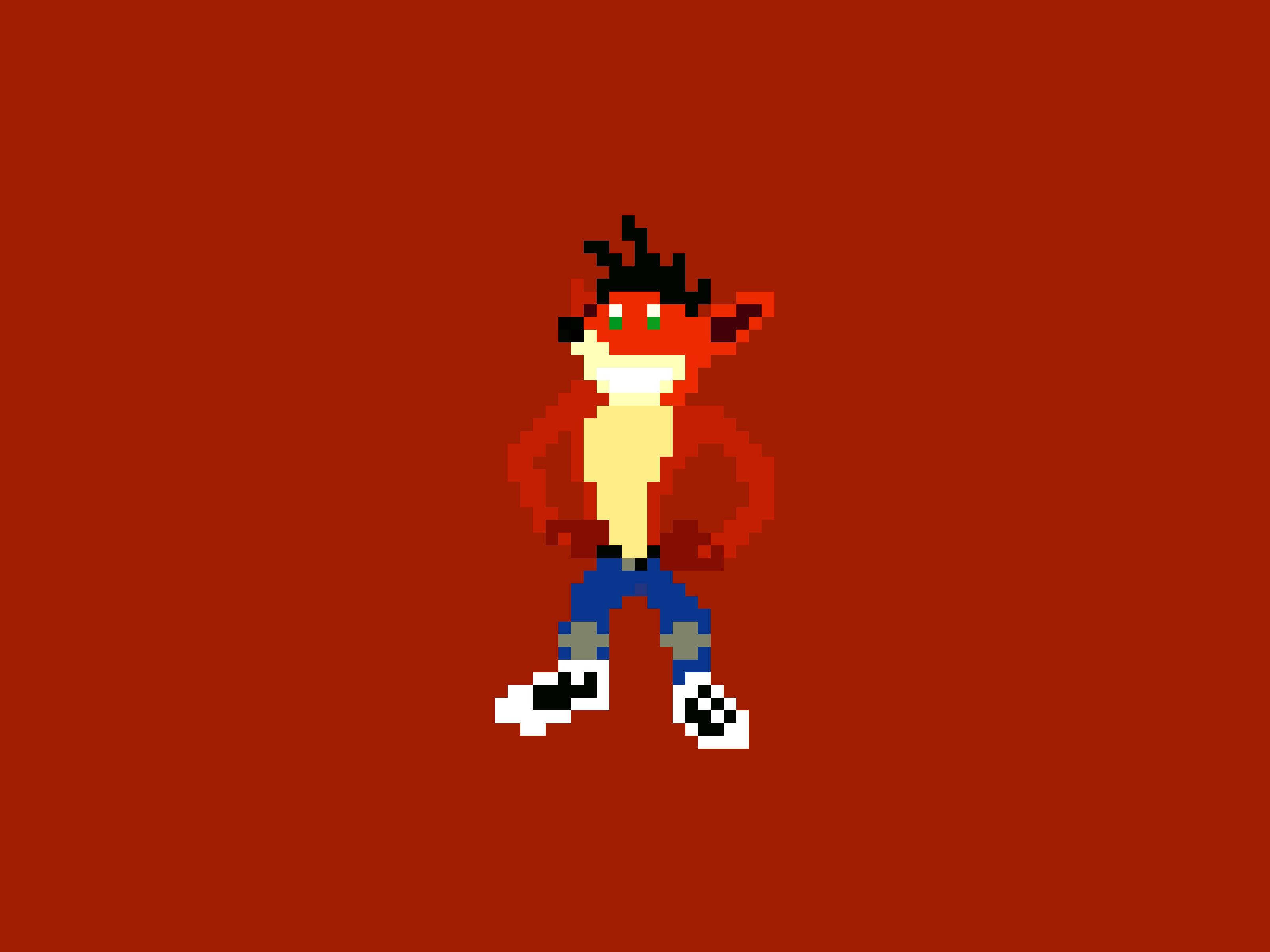 Crash Bandicoot, pixel art, red background, 2K Desktop Wallpaper