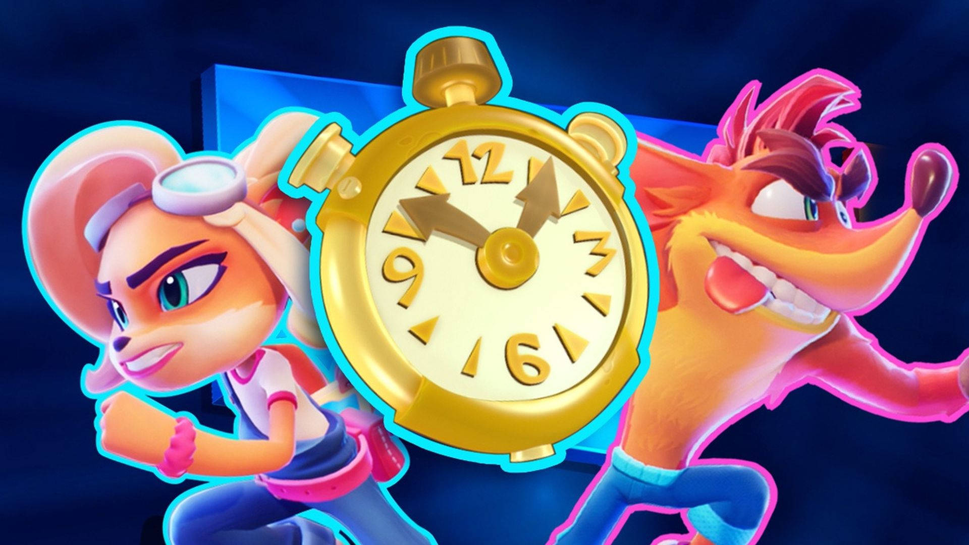 Crash Bandicoot, golden stopwatch, glowing blue background, Full HD Desktop Wallpaper