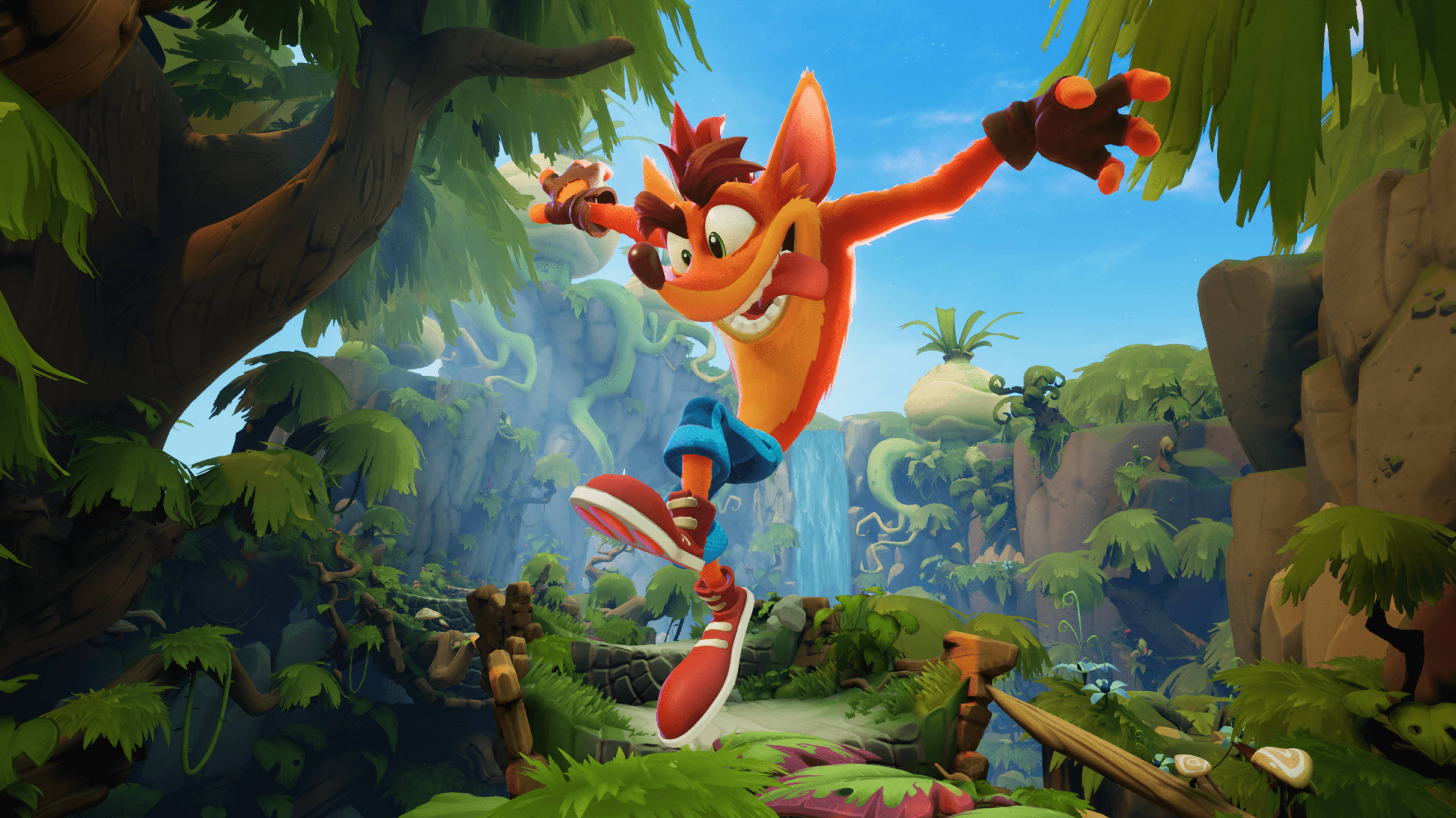 Crash Bandicoot, jungle, cascading waterfalls, 4K Desktop Wallpaper