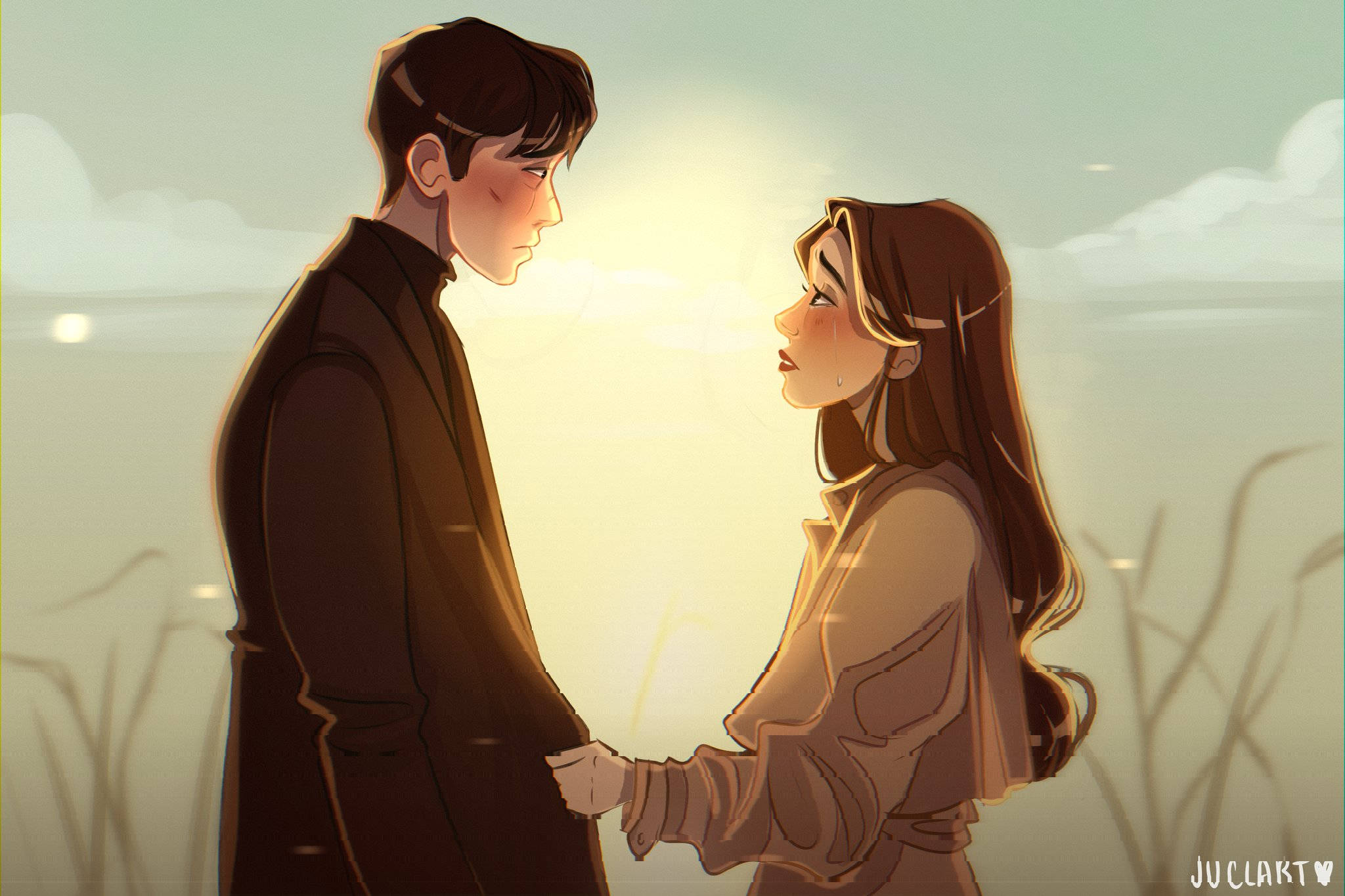 couple, anime-style, golden sunset sky, Full HD Desktop Wallpaper