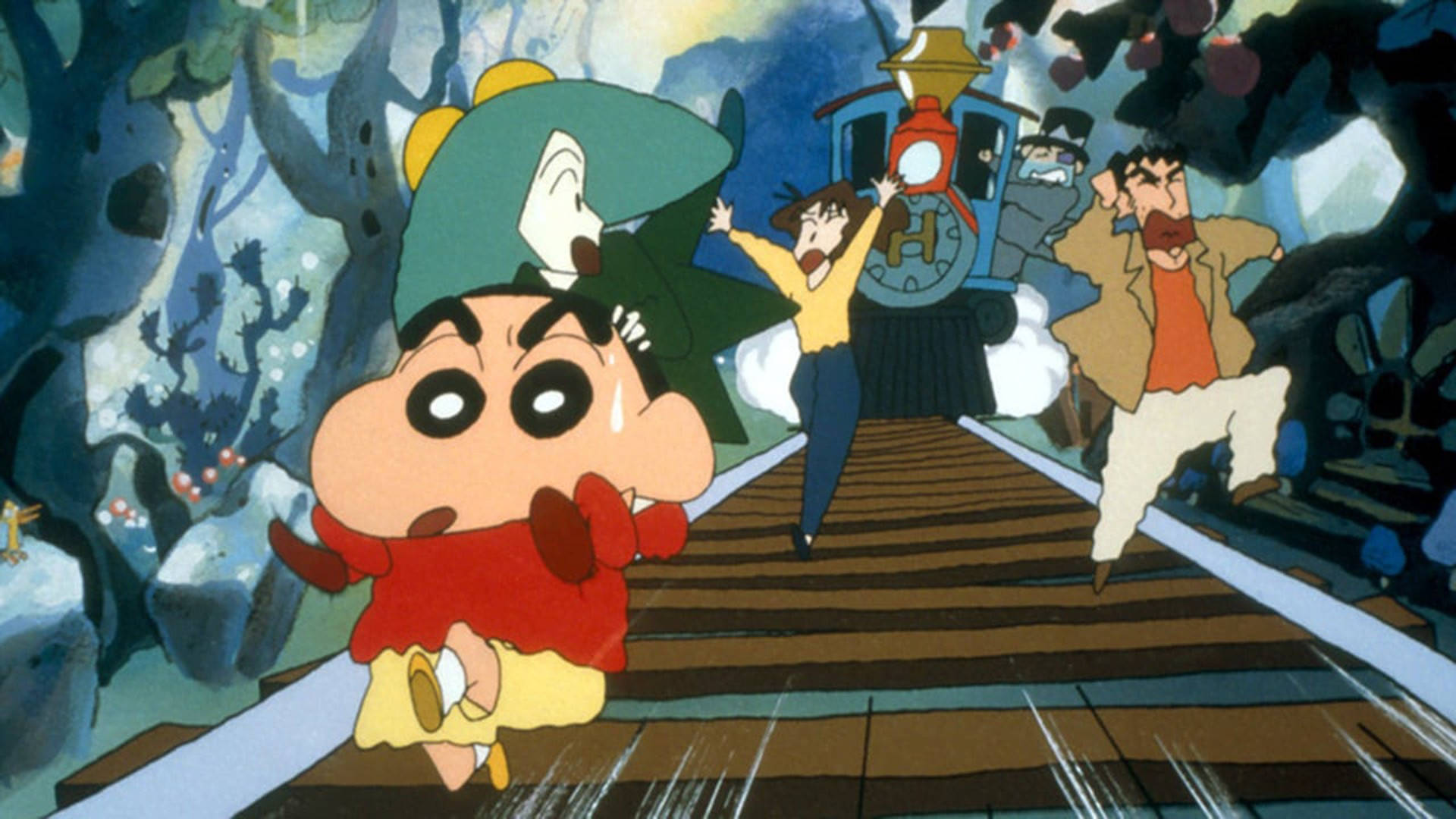 Crayon Shin Chan, train, wooden bridge, Full HD Desktop Wallpaper
