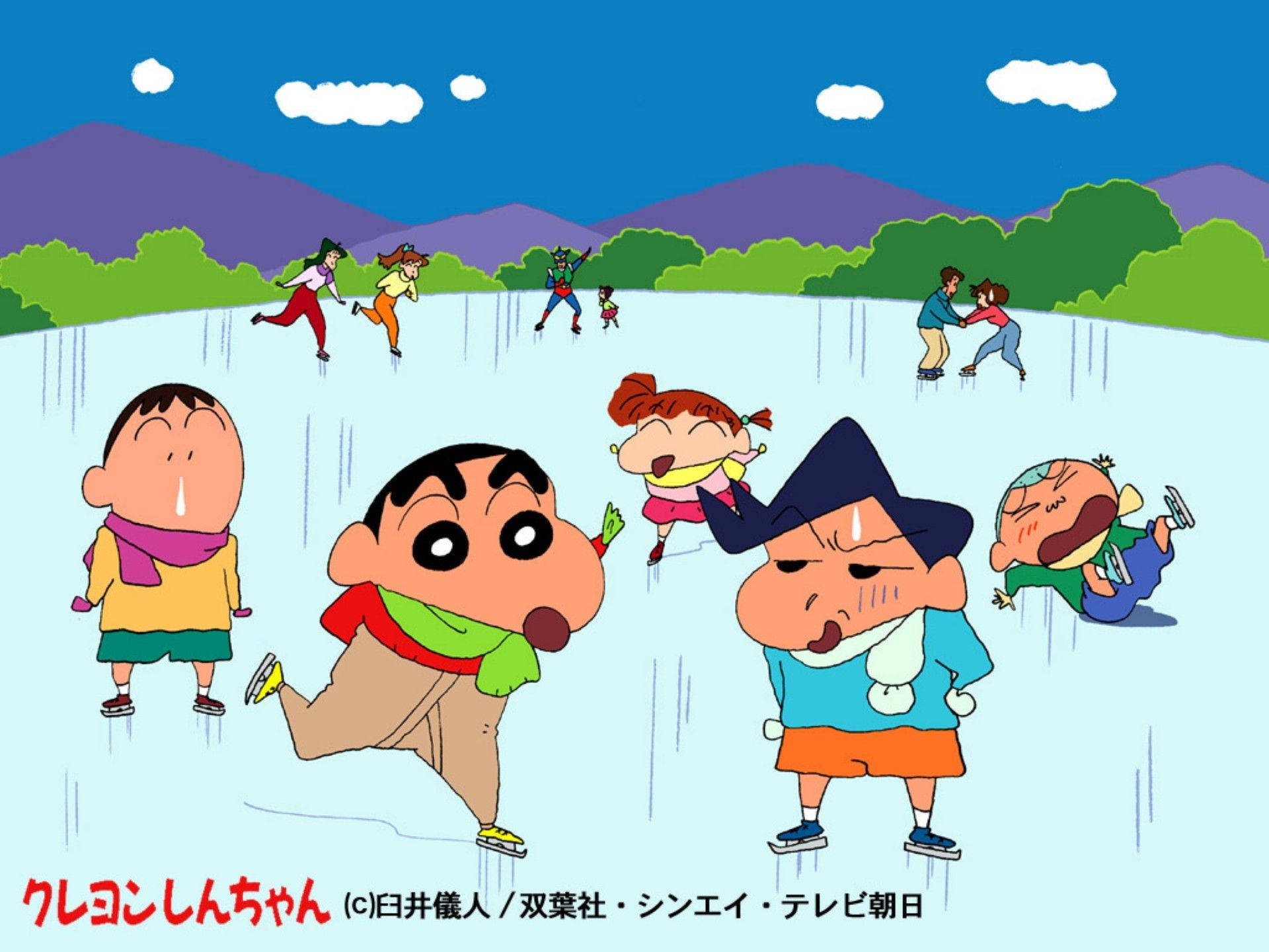 Crayon Shin Chan, ice skating, frozen lake, Full HD Desktop Wallpaper