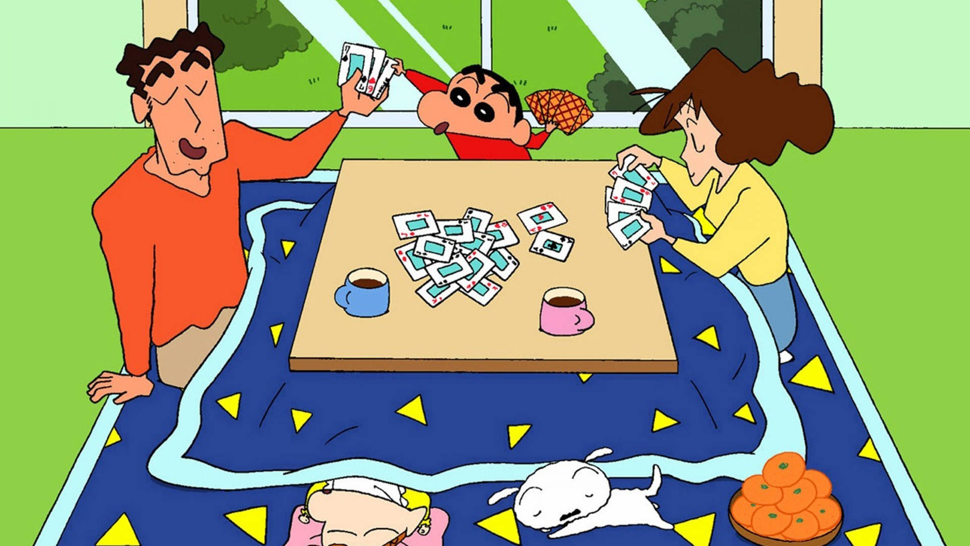 Crayon Shin Chan, family card game, blue blanket, Full HD Desktop Wallpaper