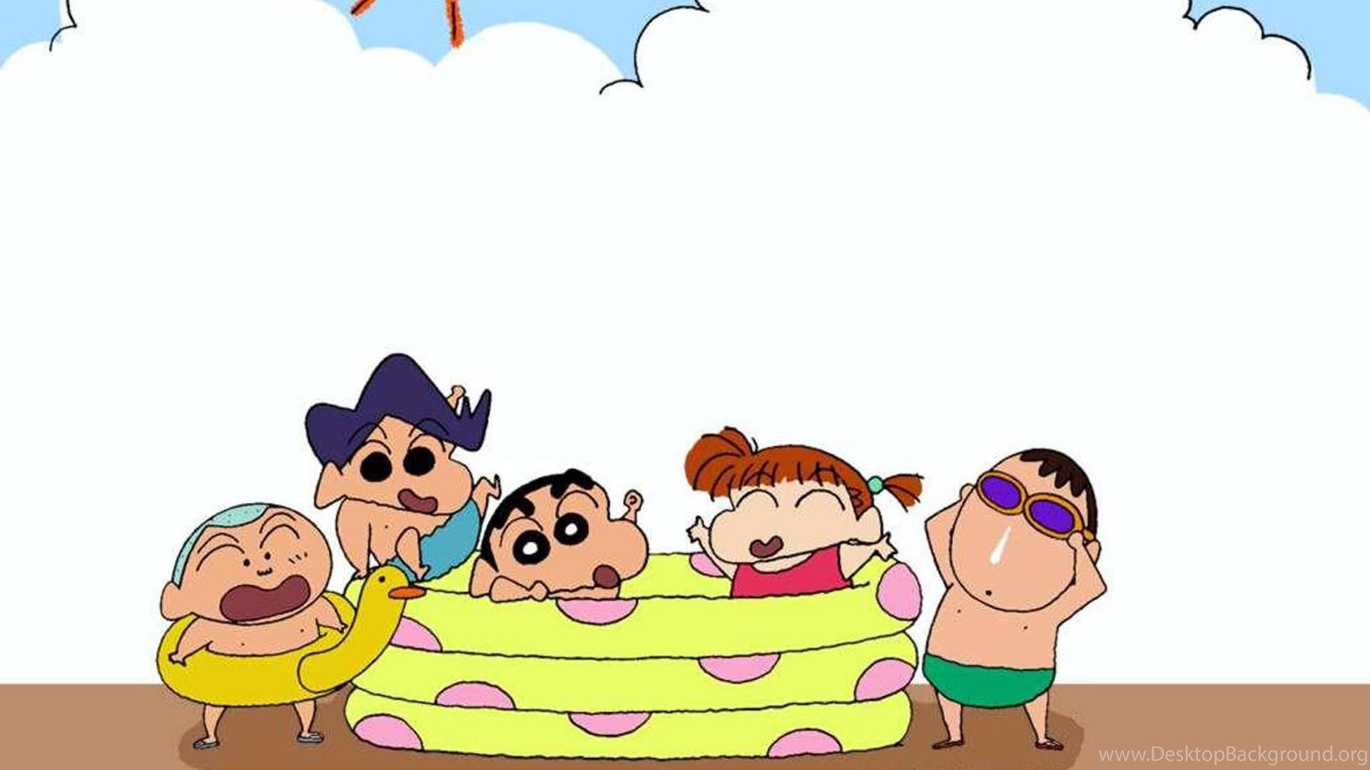 Crayon Shin Chan, characters, yellow inflatable pool, Full HD Desktop Wallpaper