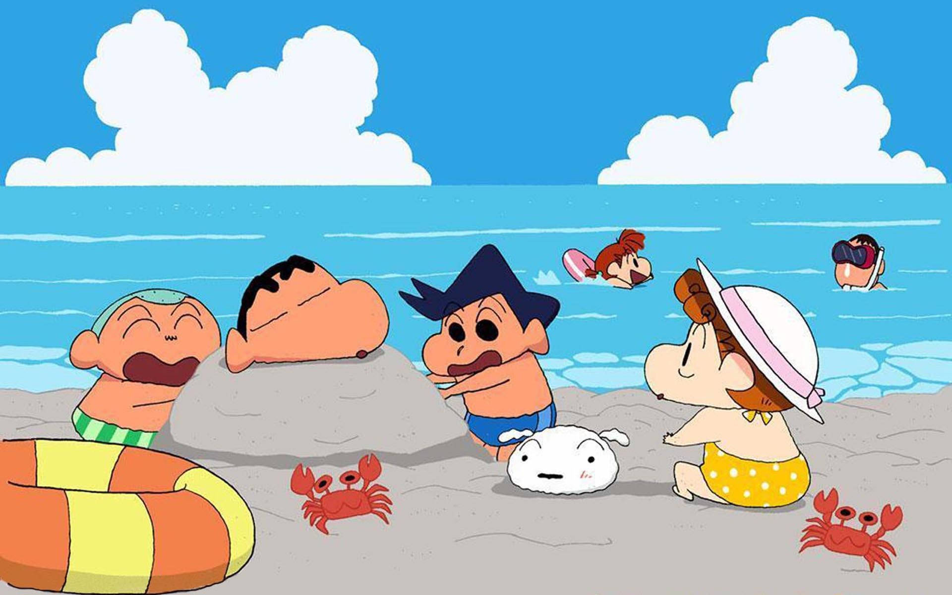 Crayon Shin Chan, beach, red crabs, Full HD Desktop Wallpaper