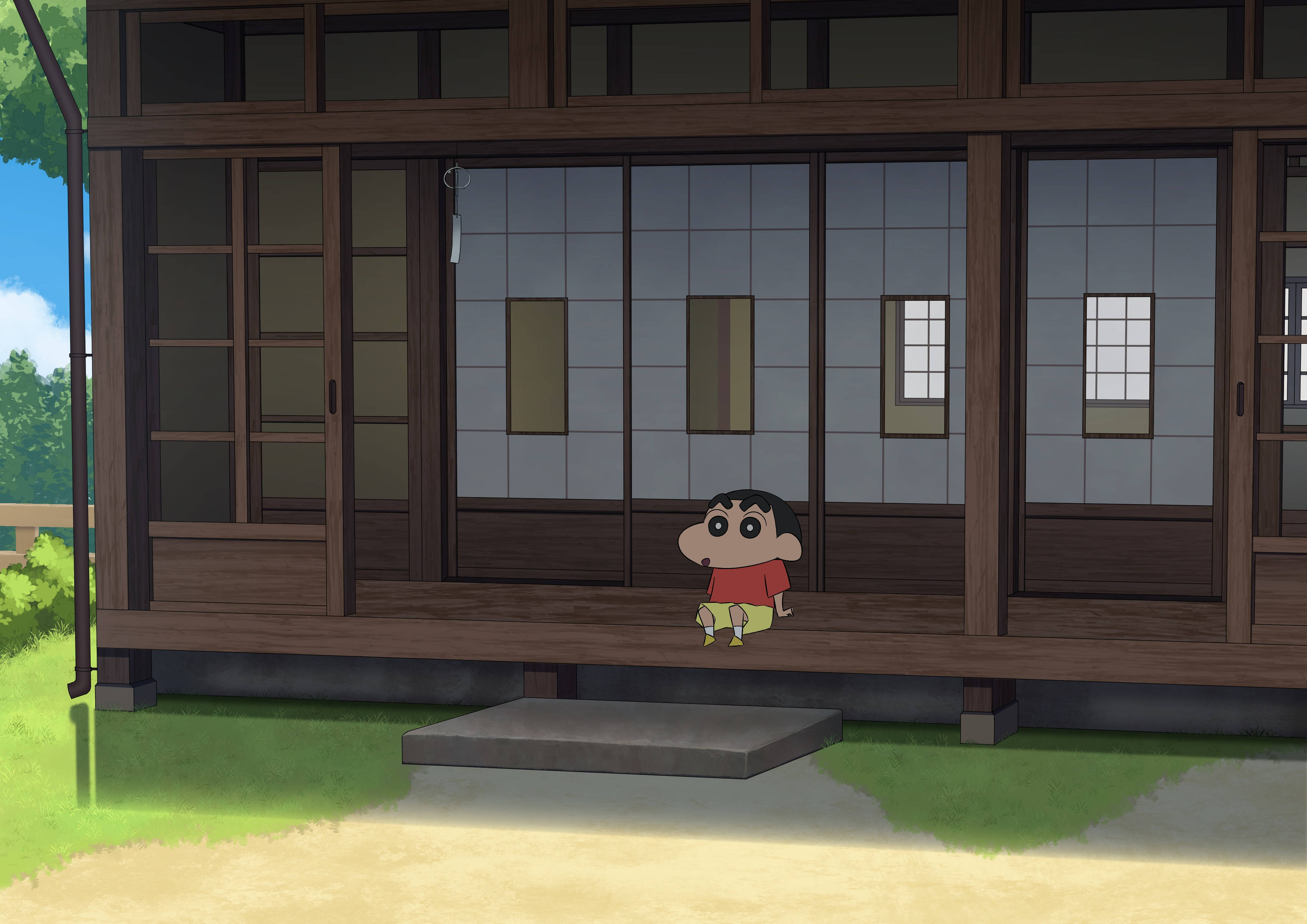 Shin Chan, red shirt, wooden porch, 4K Desktop Wallpaper