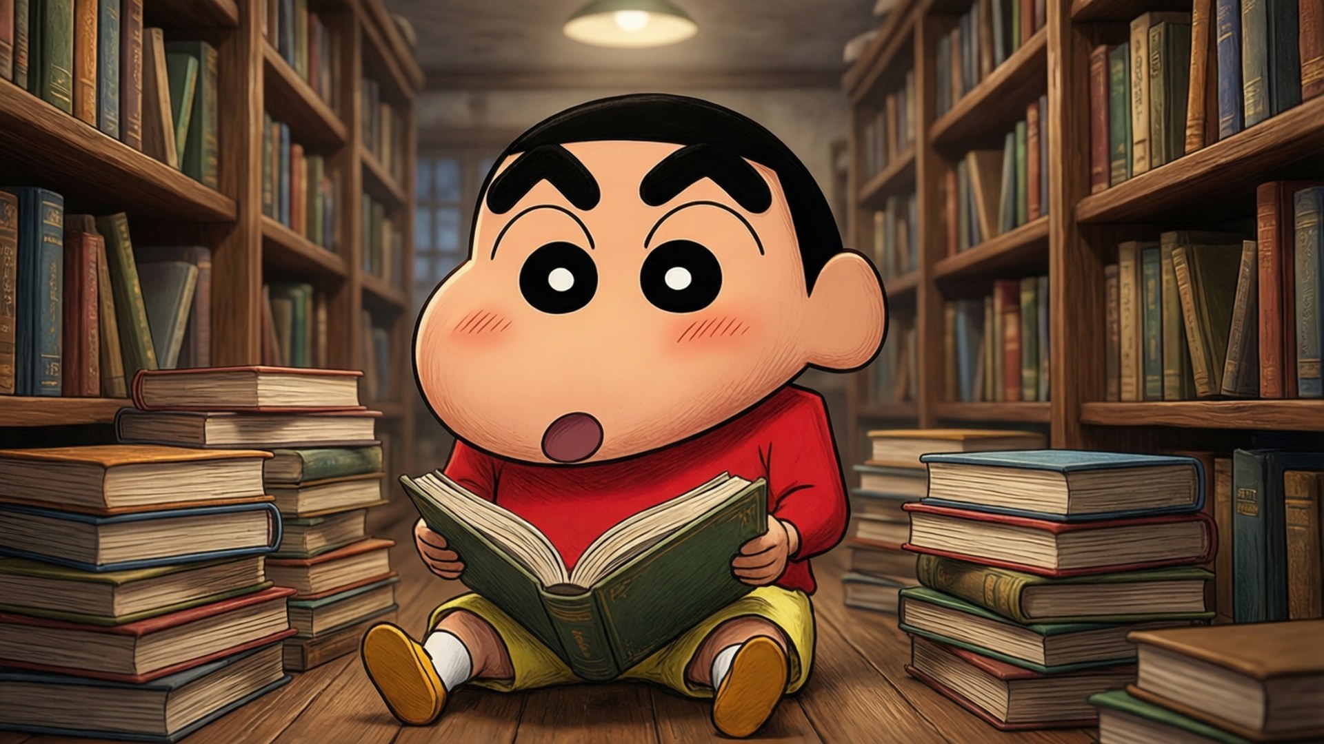 Shin Chan, red shirt, wooden floor, Full HD Desktop Wallpaper