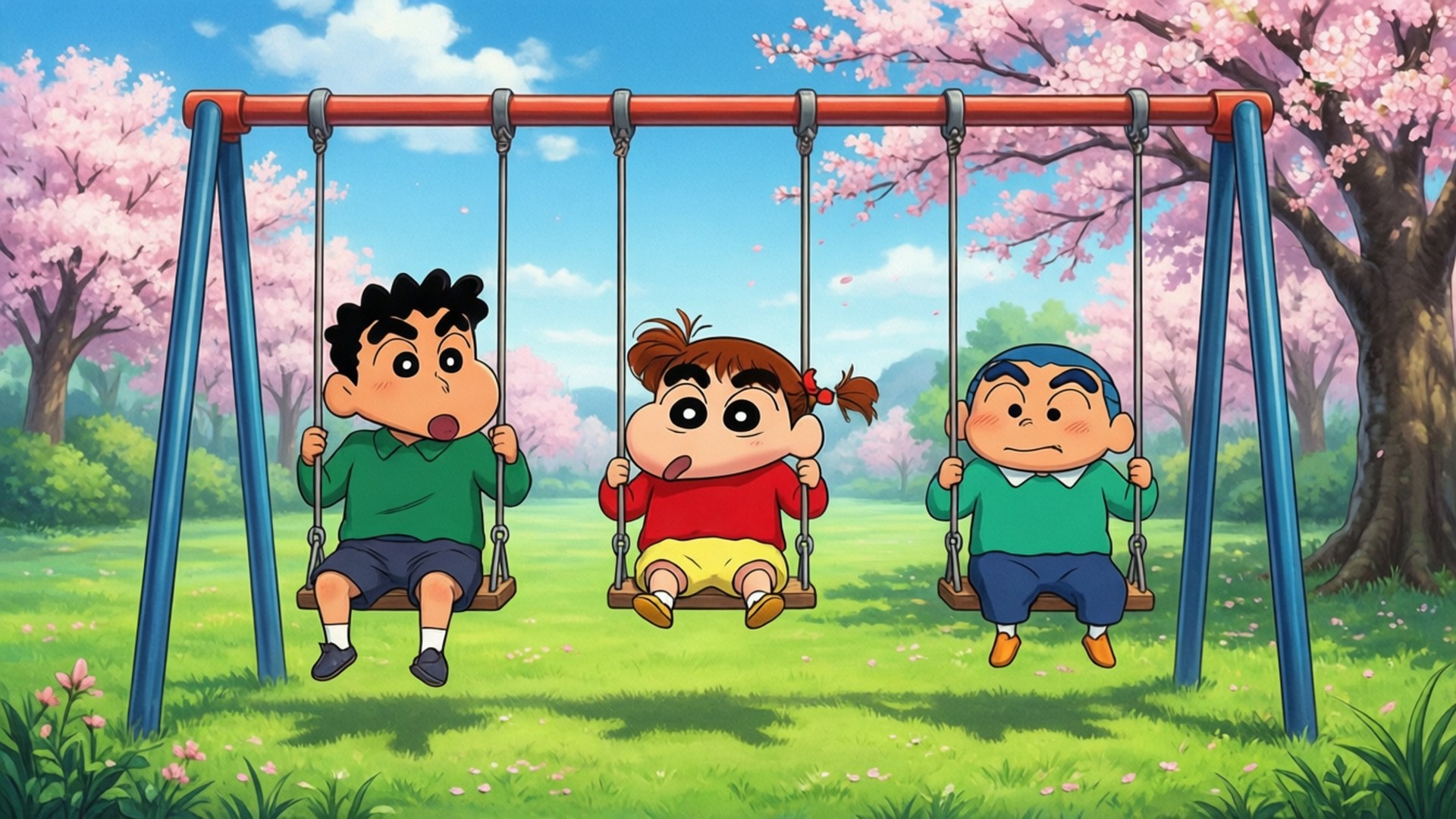 Shin Chan, friends, pink cherry blossoms, Full HD Desktop Wallpaper