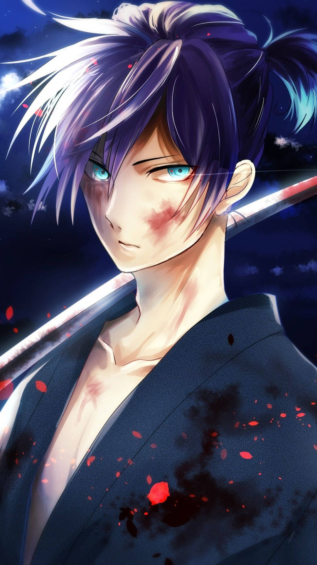 Crazy Anime Boy, purple hair, blue eyes, Full HD Phone Wallpaper