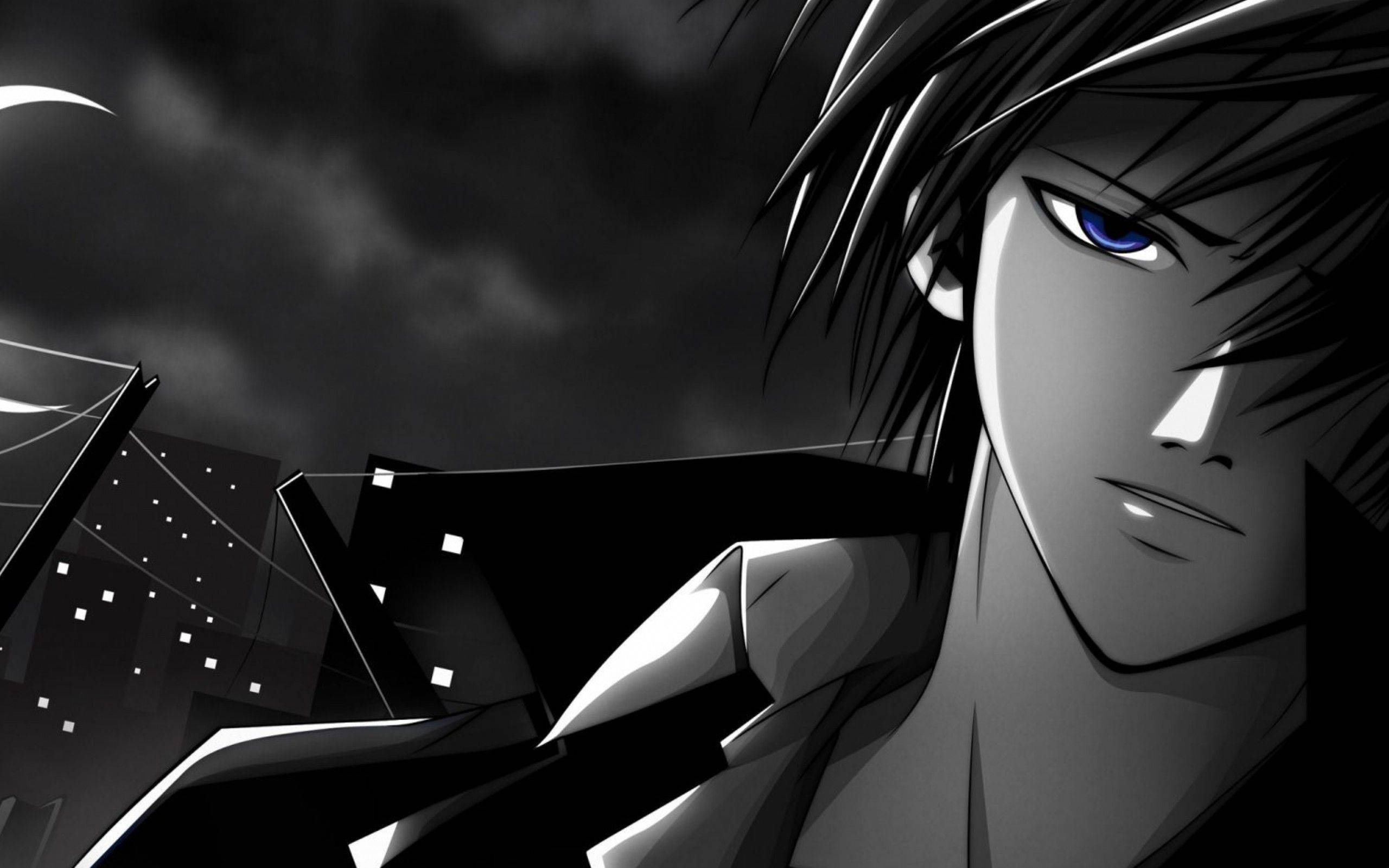 Crazy Anime Boy, piercing blue eyes, dark cityscape, 2K Desktop Wallpaper