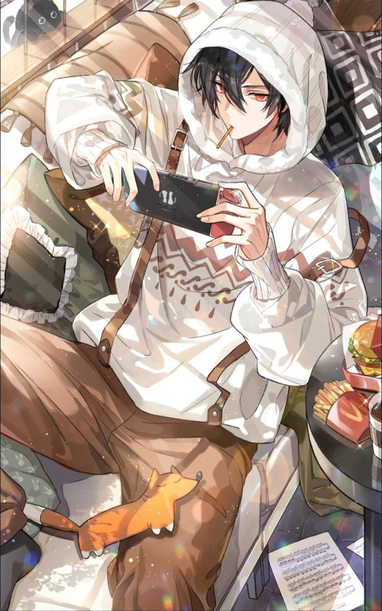 Crazy Anime Boy, wild blue hair, white hoodie, SD Phone Wallpaper