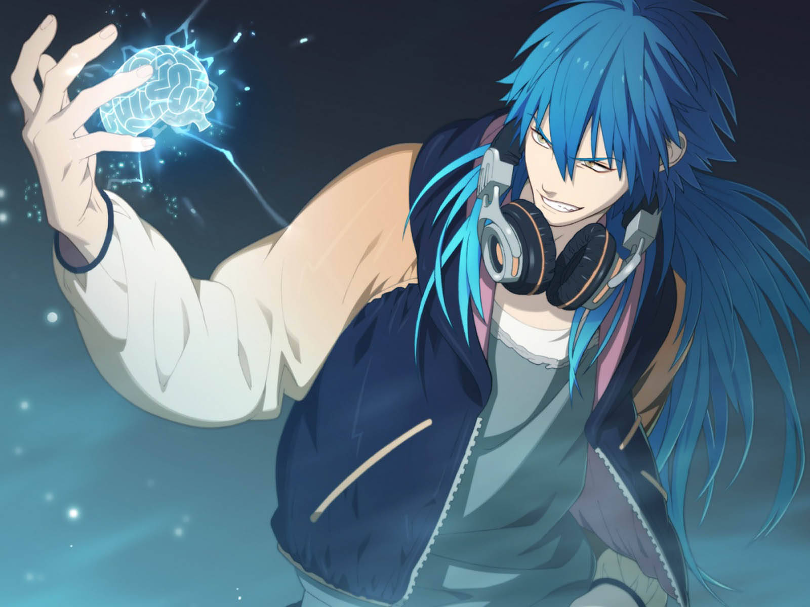 Crazy Anime Boy, blue hair, headphones, HD Desktop Wallpaper
