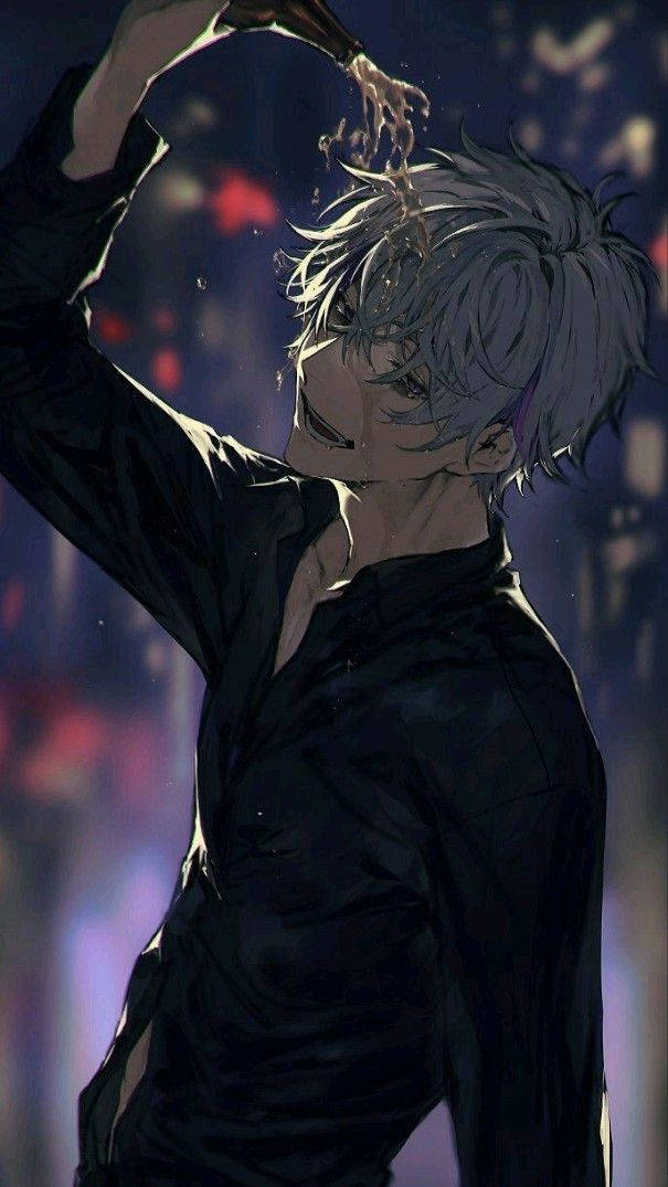 Crazy Anime Boy, silver-haired anime male character, dramatic night scene, SD Phone Wallpaper