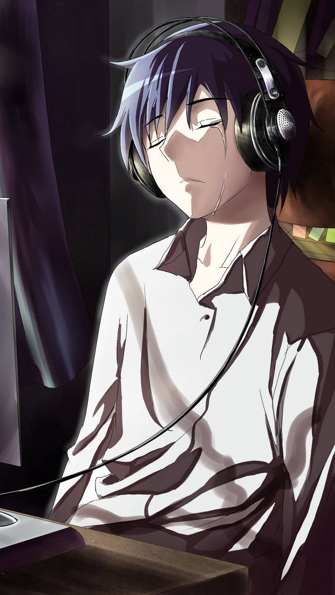 Crazy Anime Boy, purple hair, headphones, Full HD Phone Wallpaper