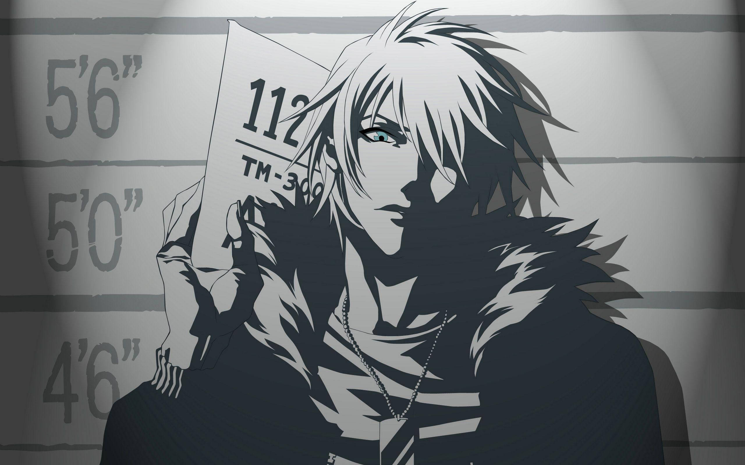 crazy anime boy, spiky white hair, mugshot pose, 2K Desktop Wallpaper