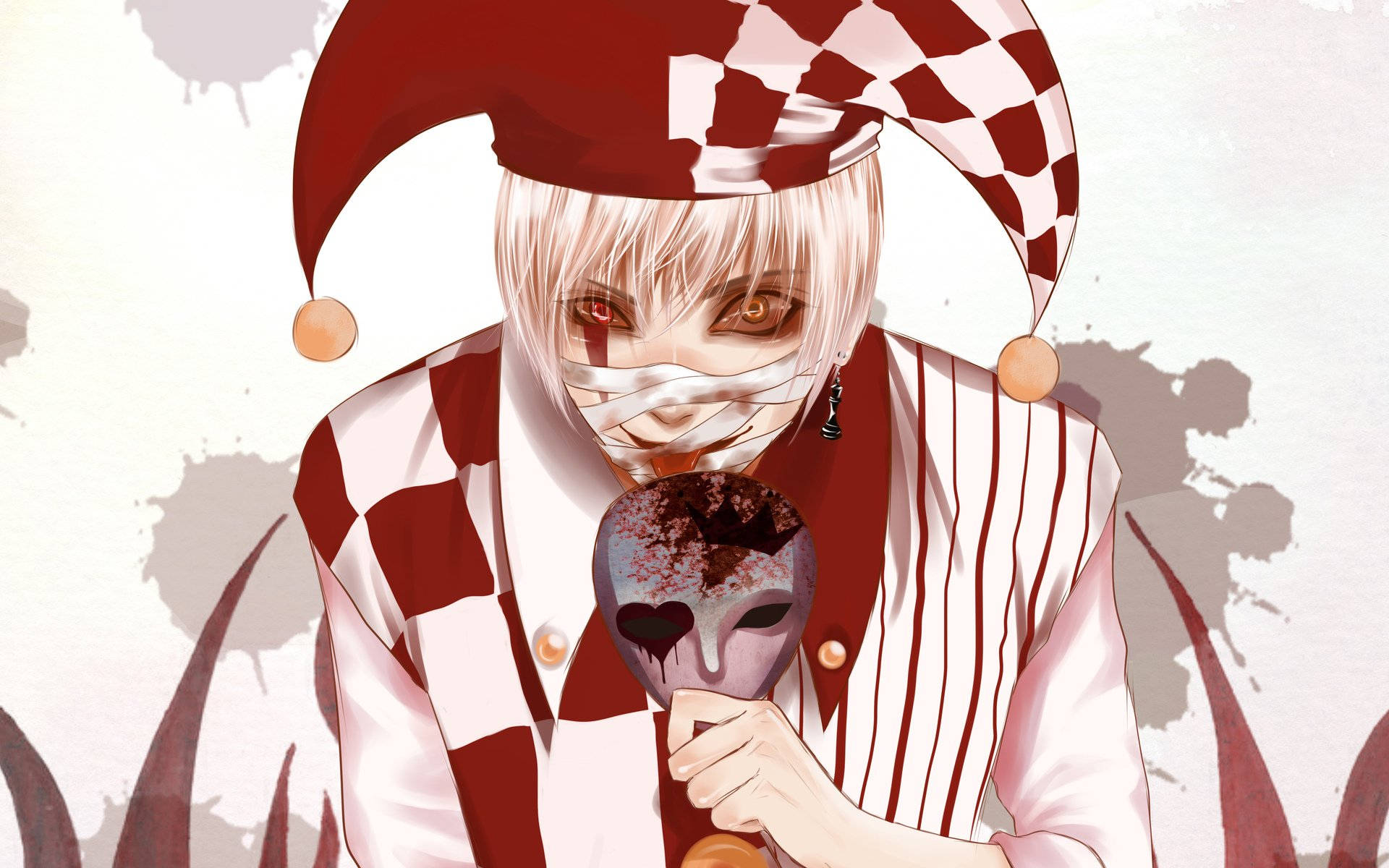 Crazy Anime Boy, jester, white hair, Full HD Desktop Wallpaper