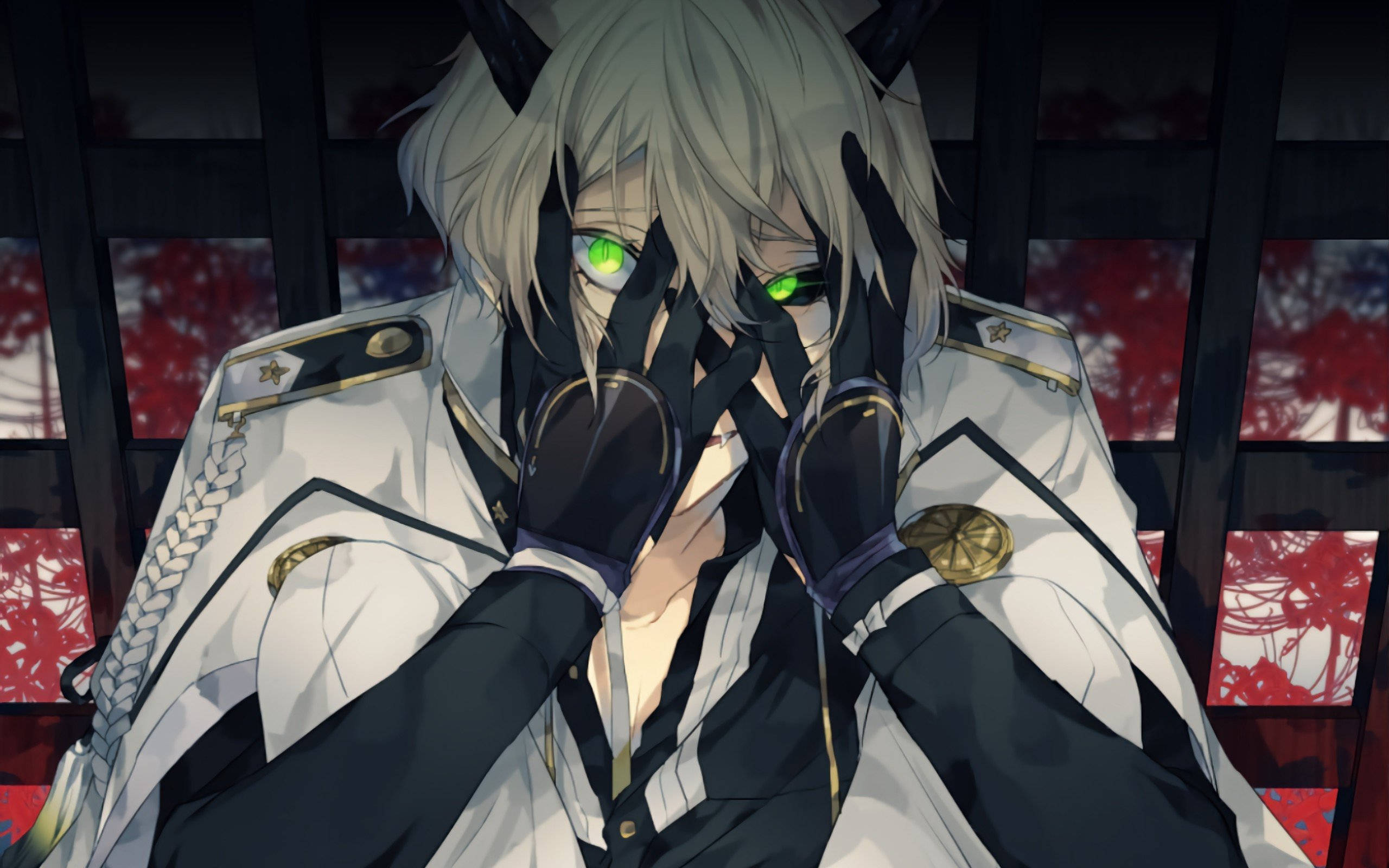 Crazy Anime Boy, glowing green eyes, black horns, 2K Desktop Wallpaper