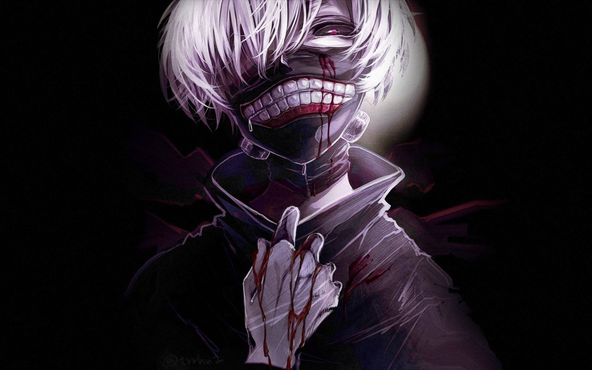 Crazy Anime Boy, white hair, bloodied grin, Full HD Desktop Wallpaper