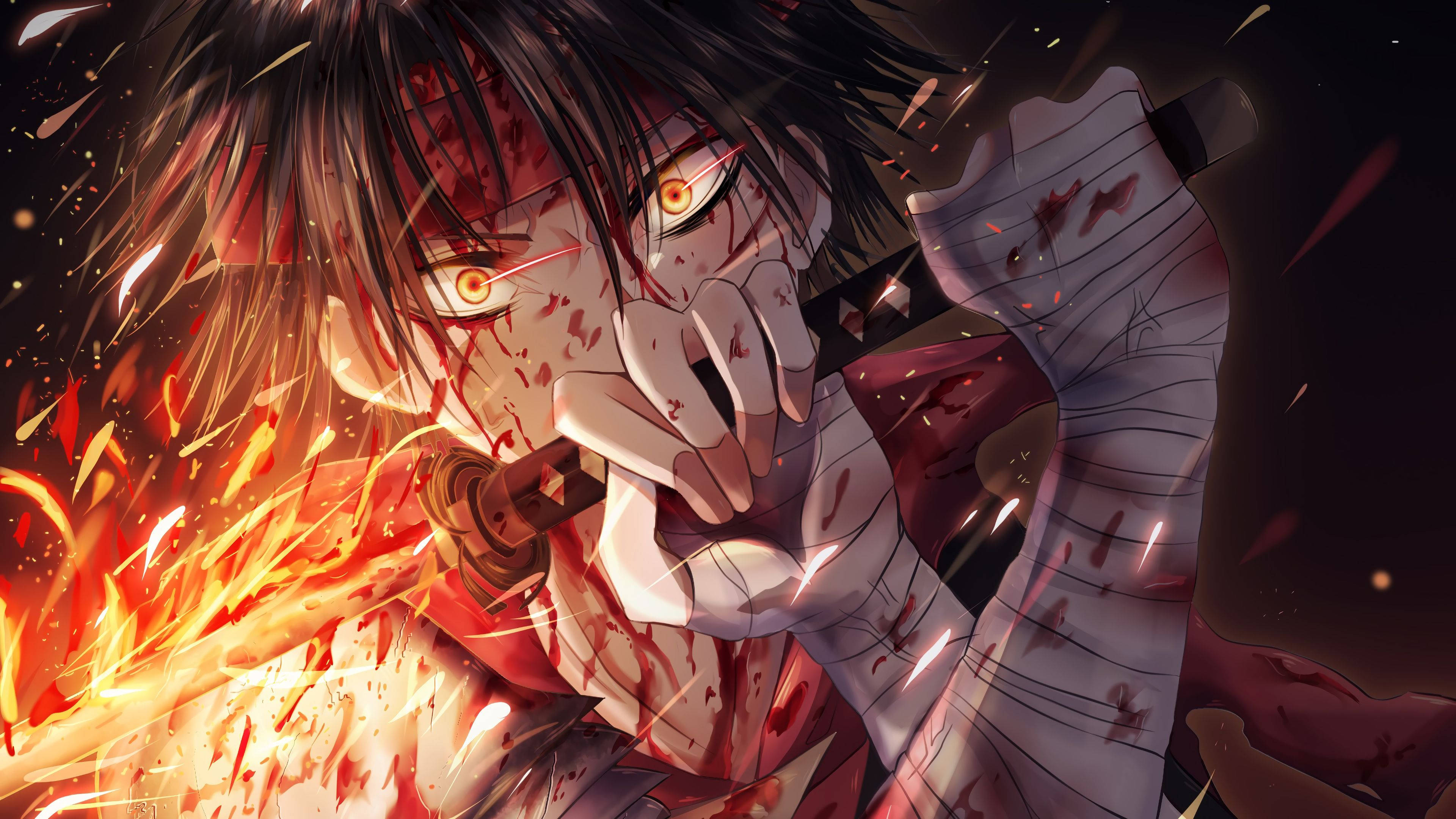 Crazy Anime Boy, glowing orange eyes, flaming sword, 4K Desktop Wallpaper