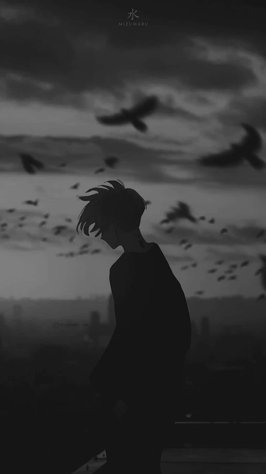 dark anime boy, rooftop, birds, HD Phone Wallpaper
