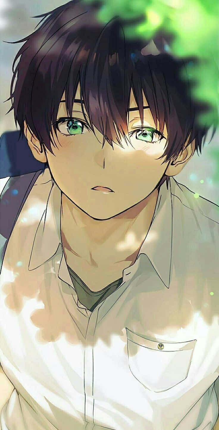 anime boy, dark hair, vivid green eyes, HD Phone Wallpaper
