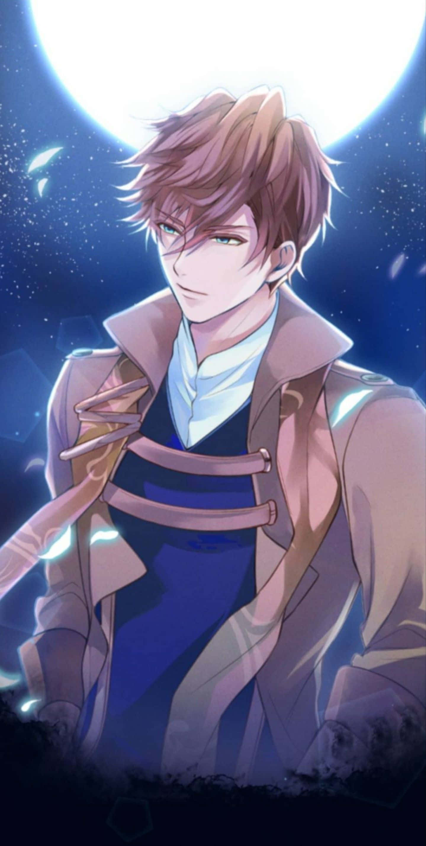 Cute Anime Boy, brown hair, glowing blue eyes, 2K Phone Wallpaper
