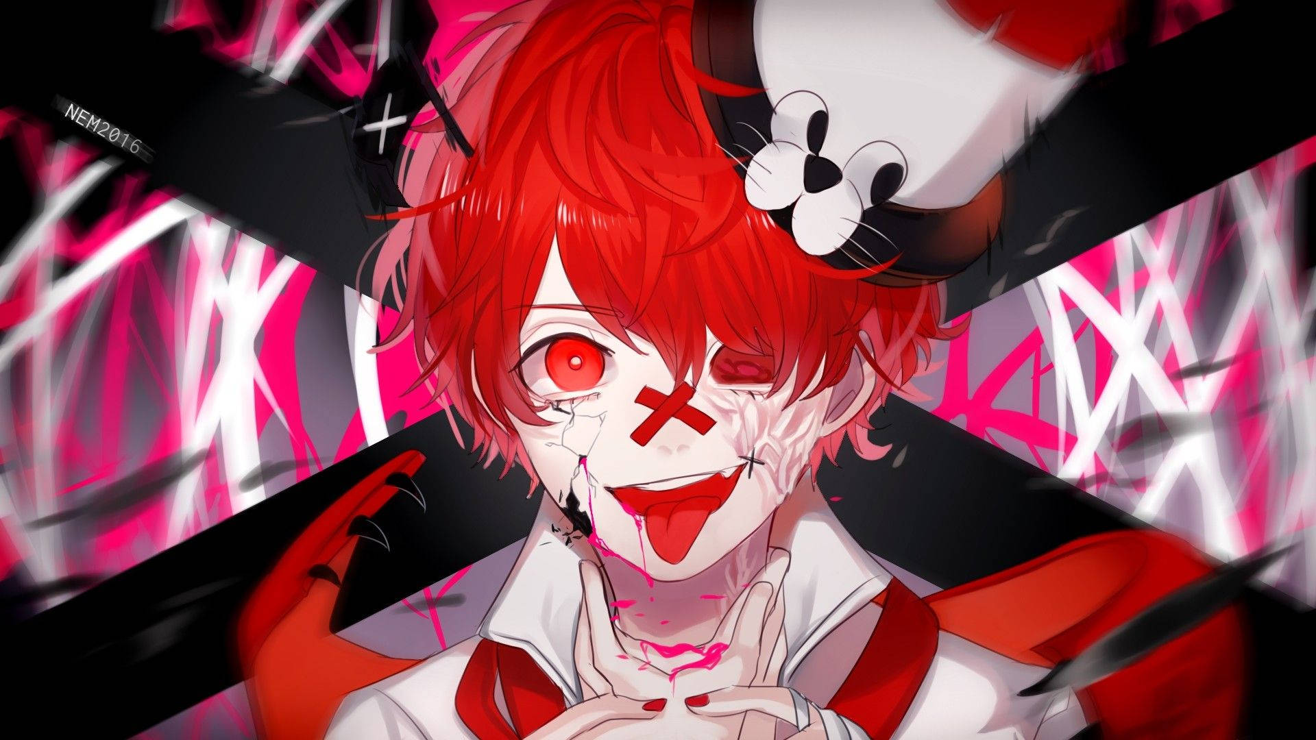 Crazy Anime Boy, red-haired, one red eye, Full HD Desktop Wallpaper