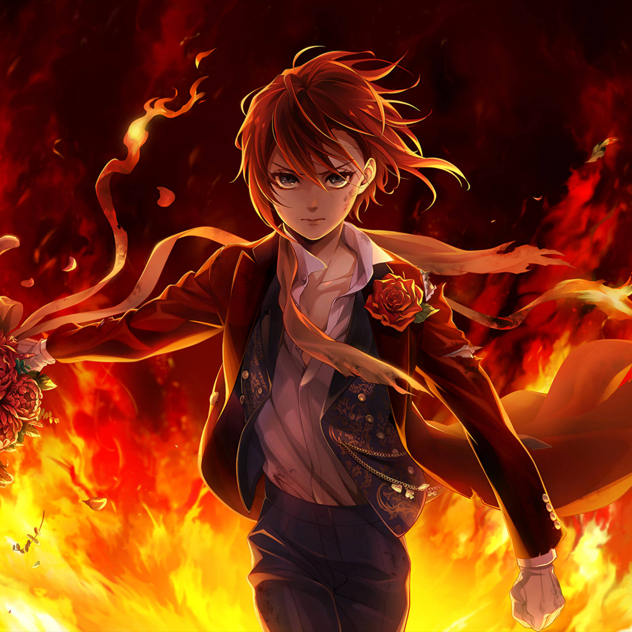 Anime Boy, fiery red hair, roaring flames, Full HD Desktop Wallpaper