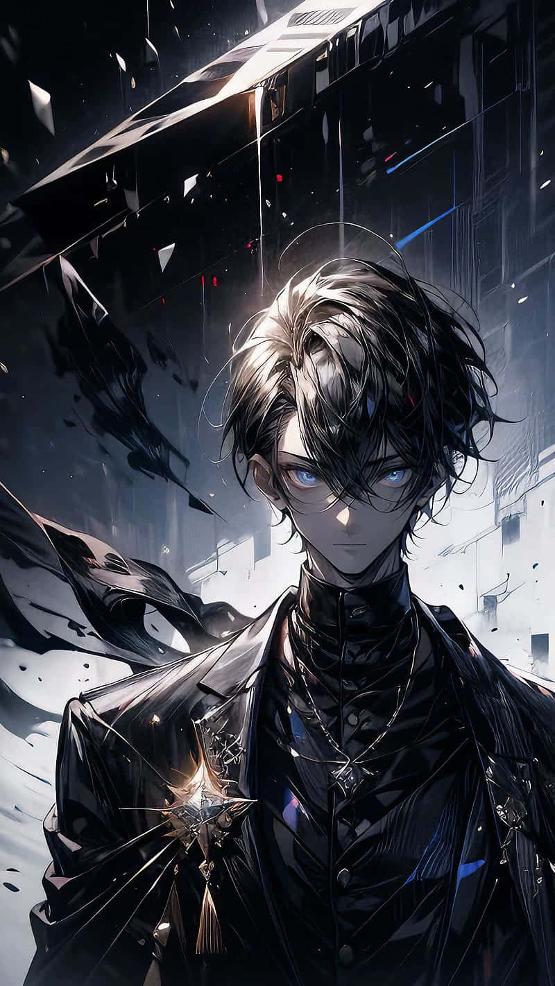 dark-haired anime male, glowing blue eyes, shattered futuristic cityscape, HD Phone Wallpaper