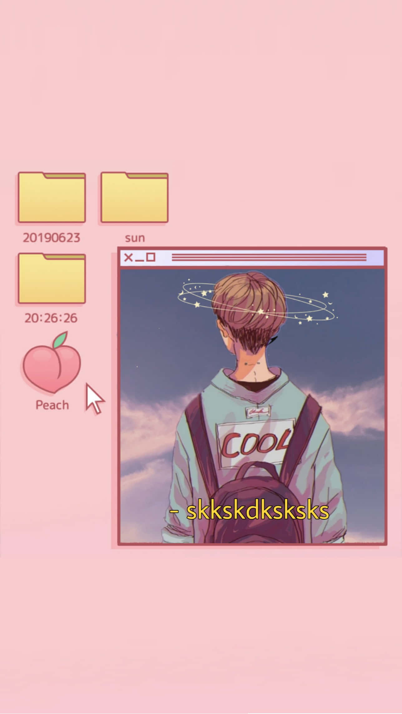 Aesthetic Home Screen Anime Boy, pink peach background, windowed digital interface, Full HD Phone Wallpaper