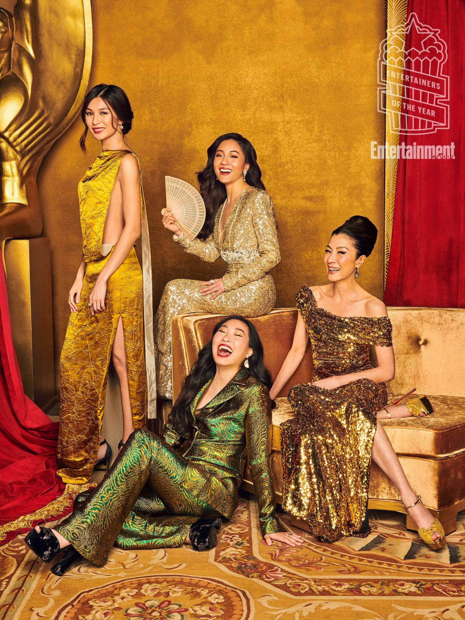 Crazy Rich Asians, golden women, shimmering gold and green sequined gowns, Full HD Phone Wallpaper