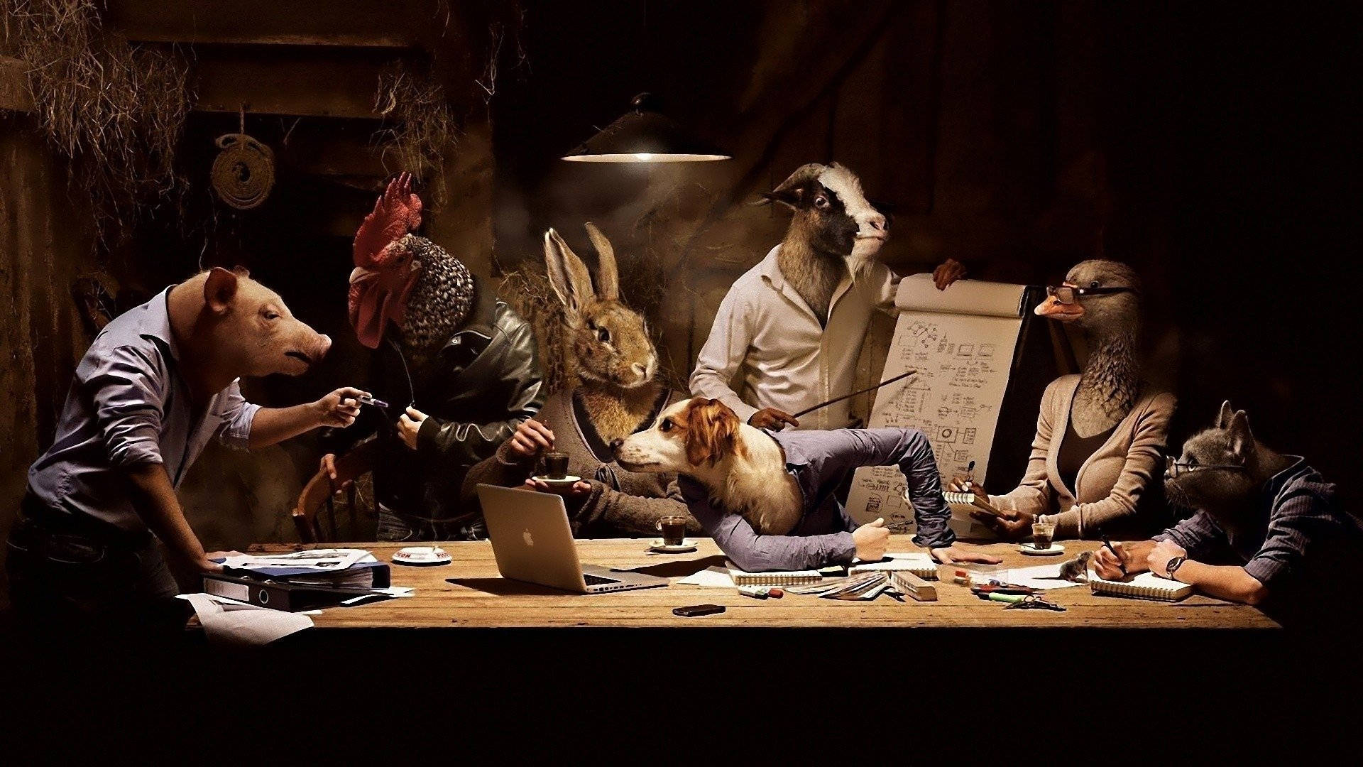 Crazy Animals In Meeting, anthropomorphic animals, dimly lit rustic room, Full HD Desktop Wallpaper