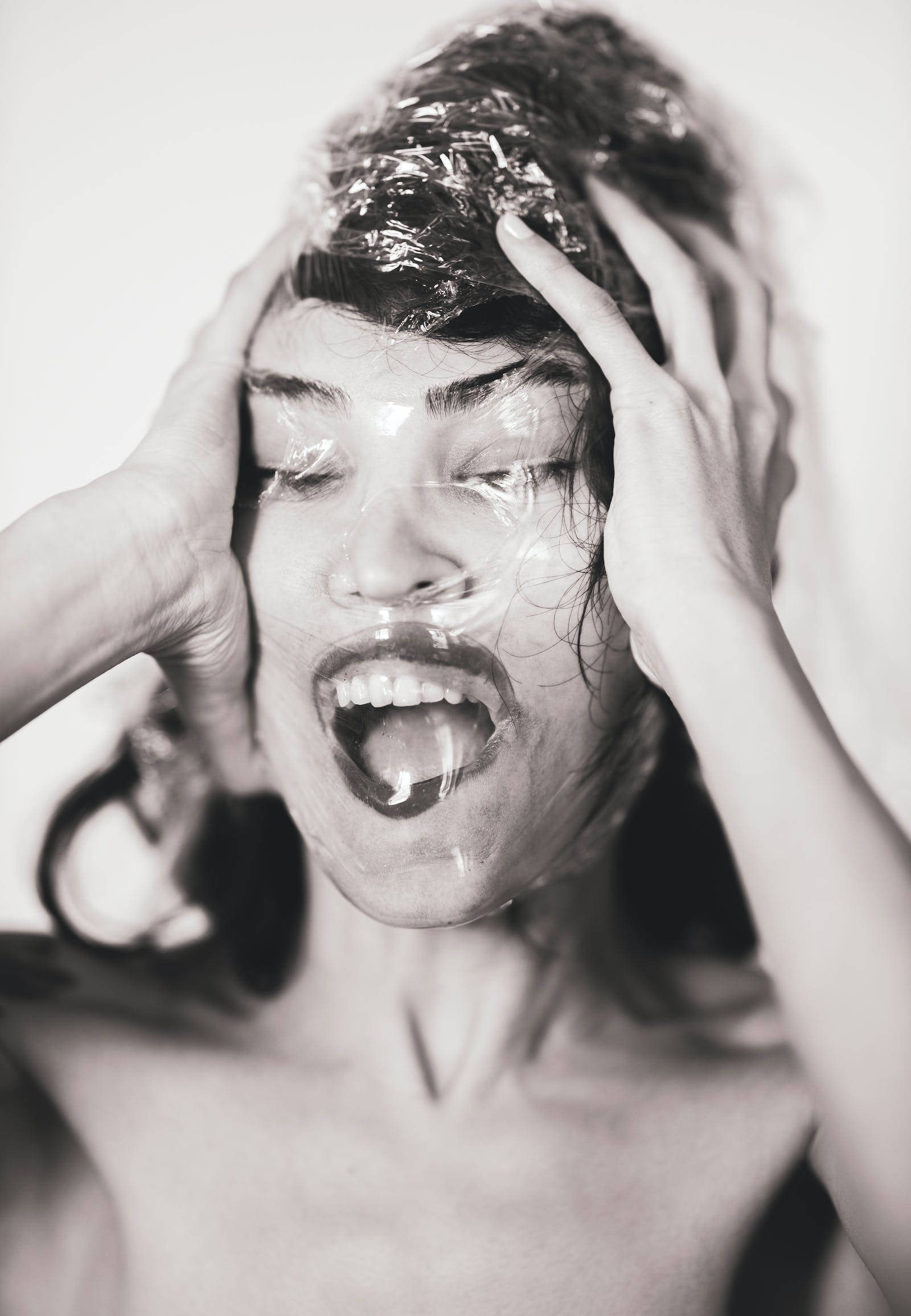 Crazy Girl, plastic wrap, black and white portrait, Full HD Phone Wallpaper